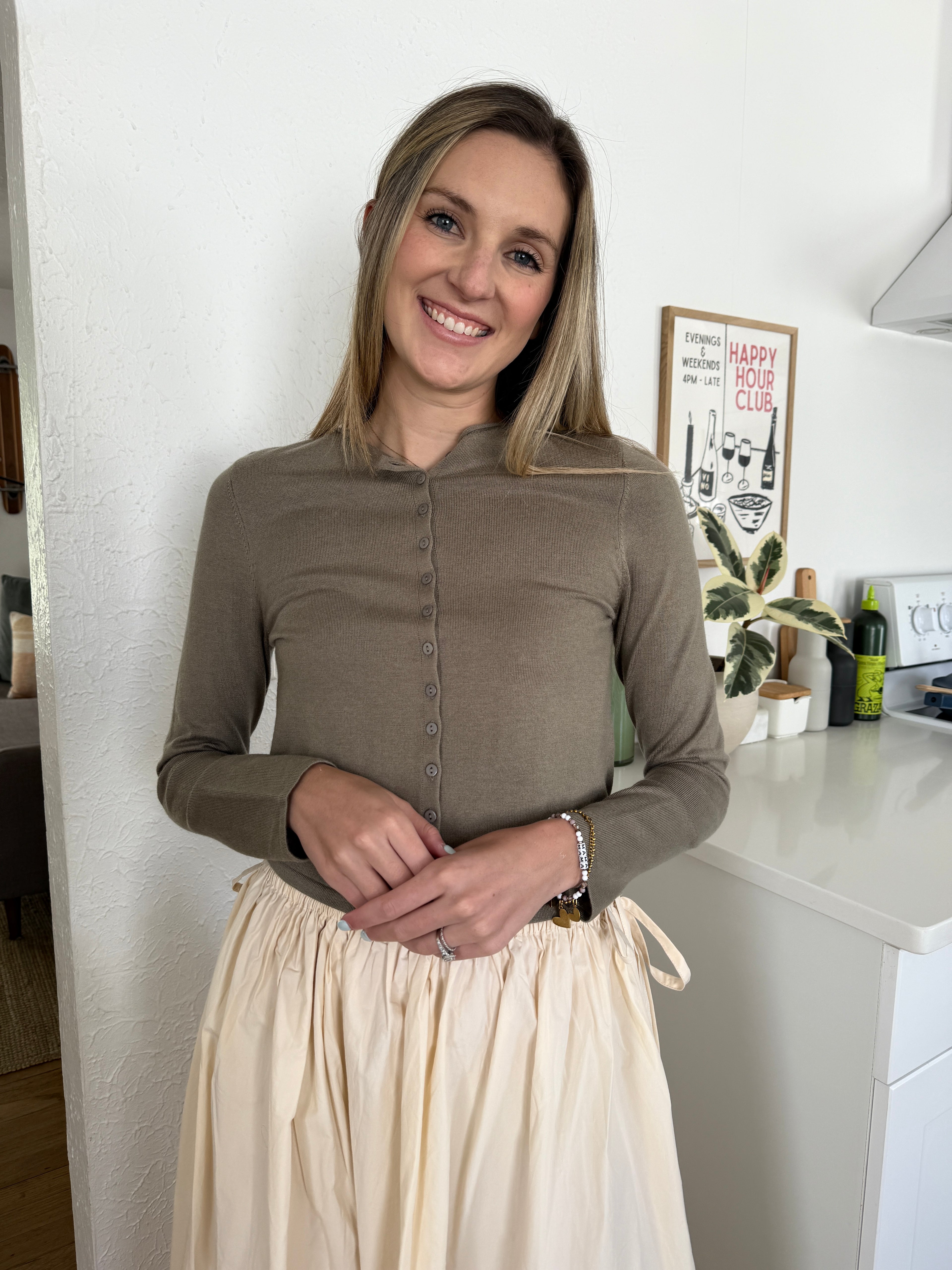 Harmony Knit Buttoned Long Sleeve Cardigan Top (Olive)