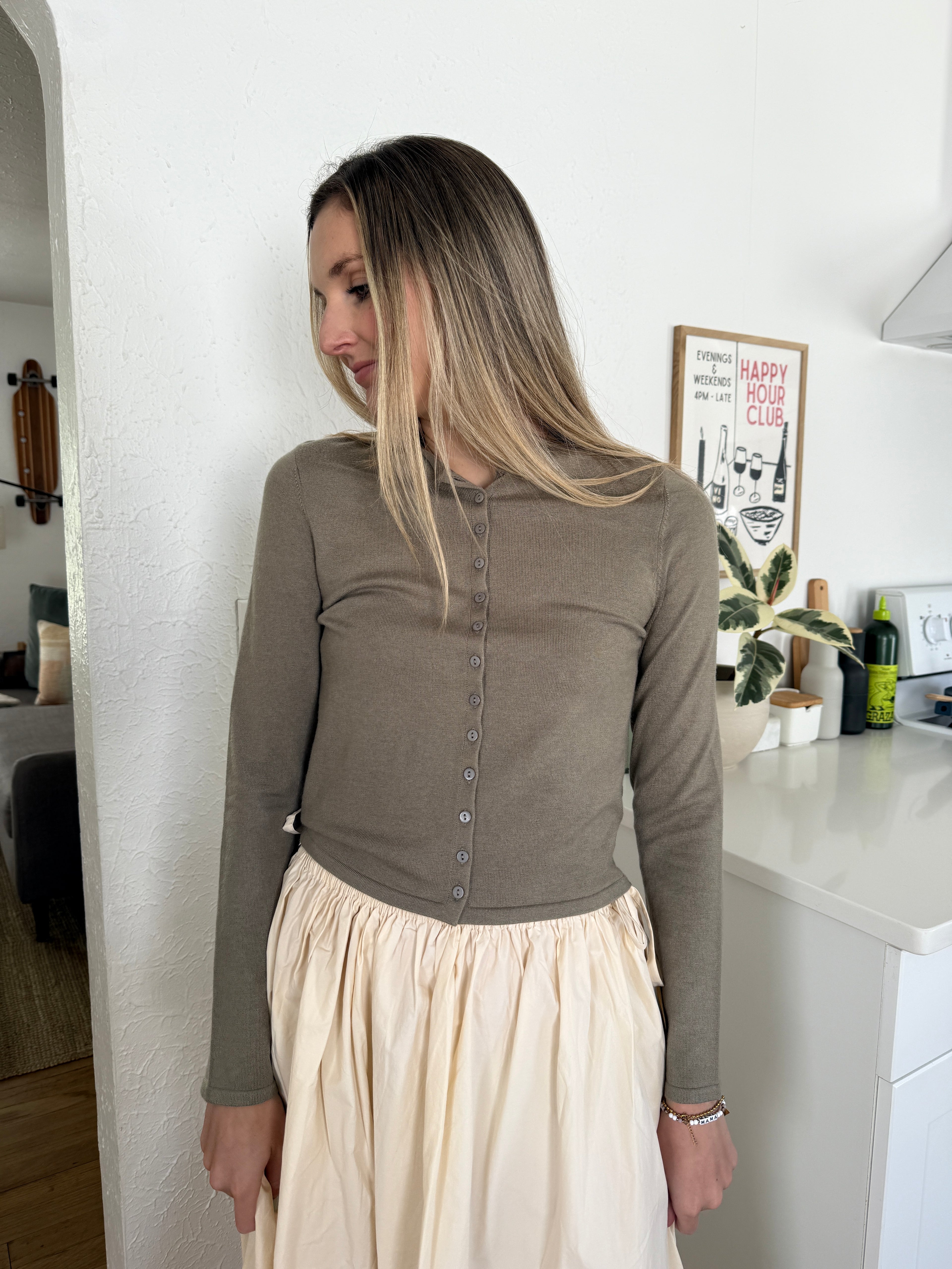 Harmony Knit Buttoned Long Sleeve Cardigan Top (Olive)