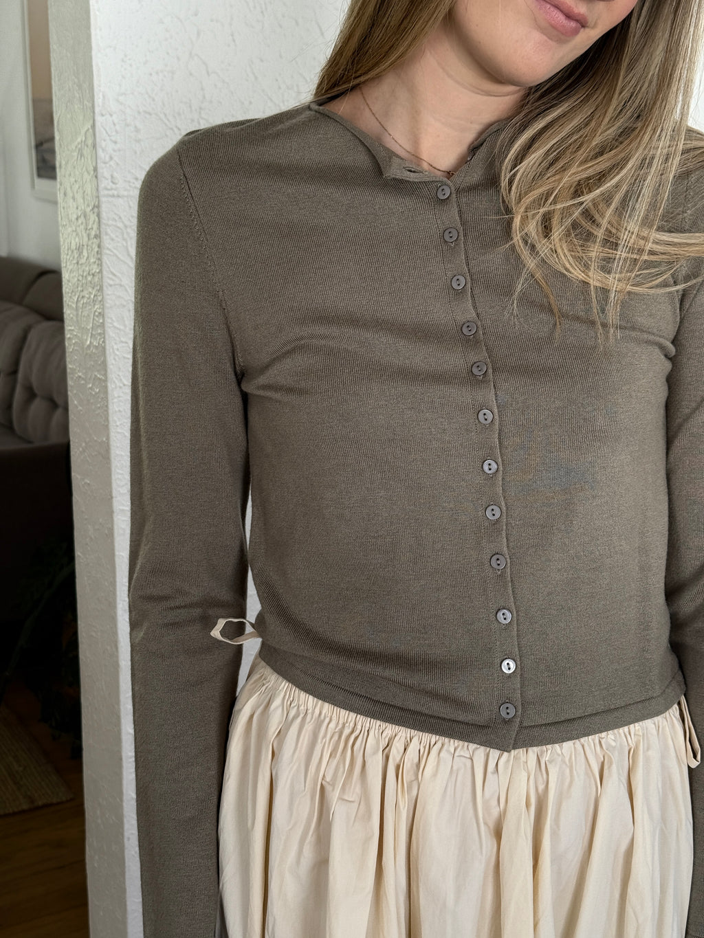 Harmony Knit Buttoned Long Sleeve Cardigan Top (Olive)