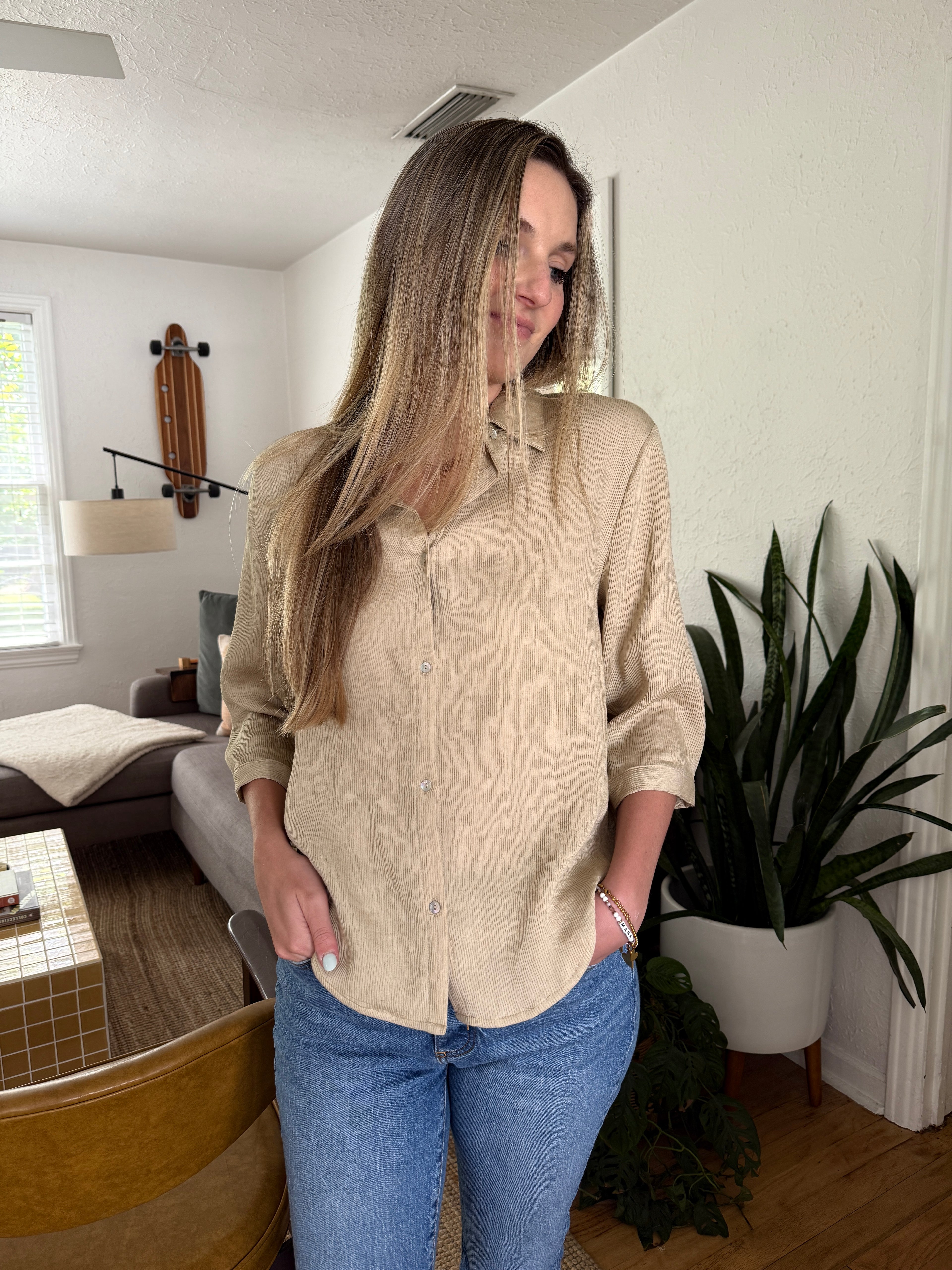 Hunter Light Olive Crinkle Buttoned Top