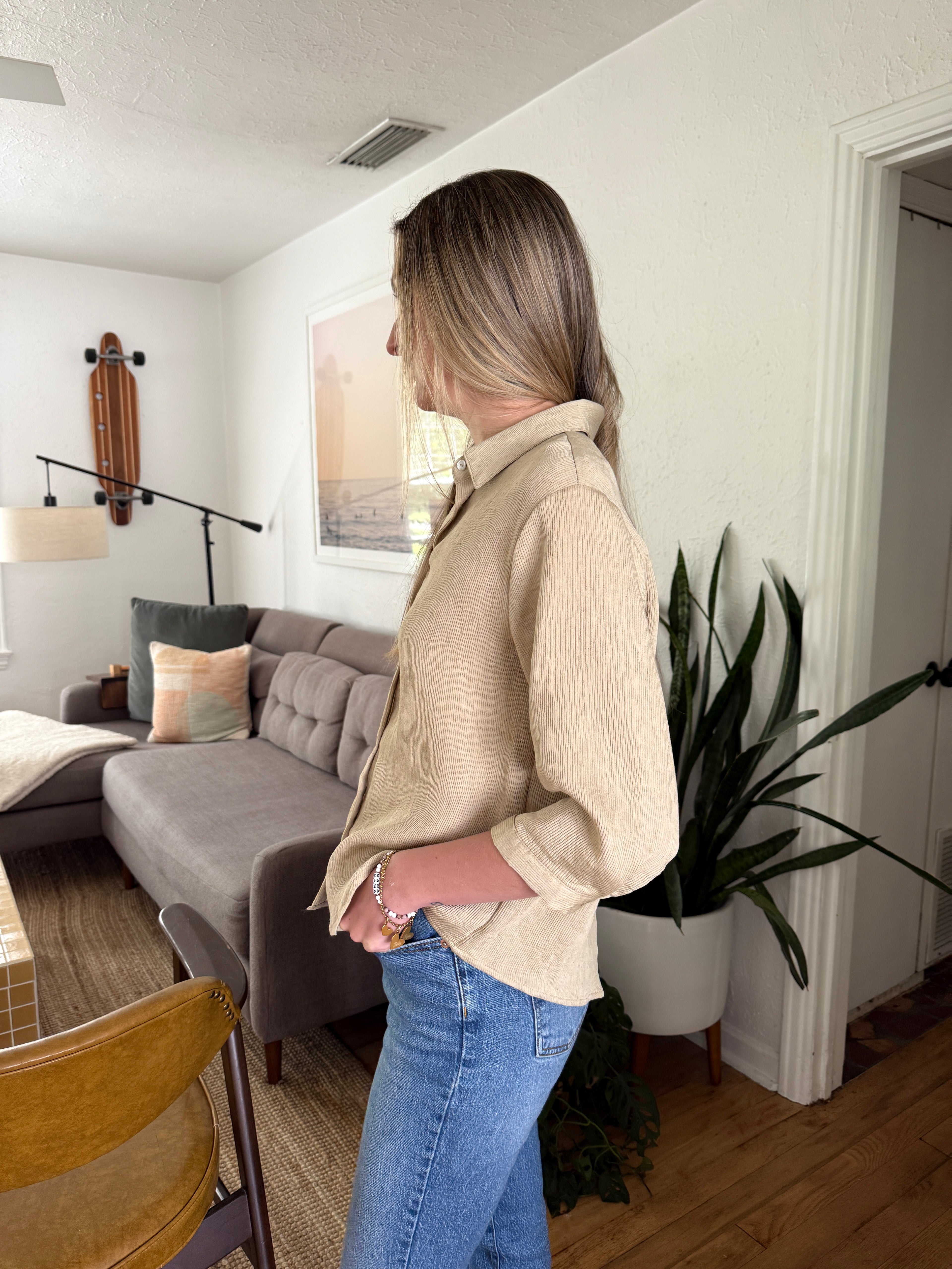 Hunter Light Olive Crinkle Buttoned Top