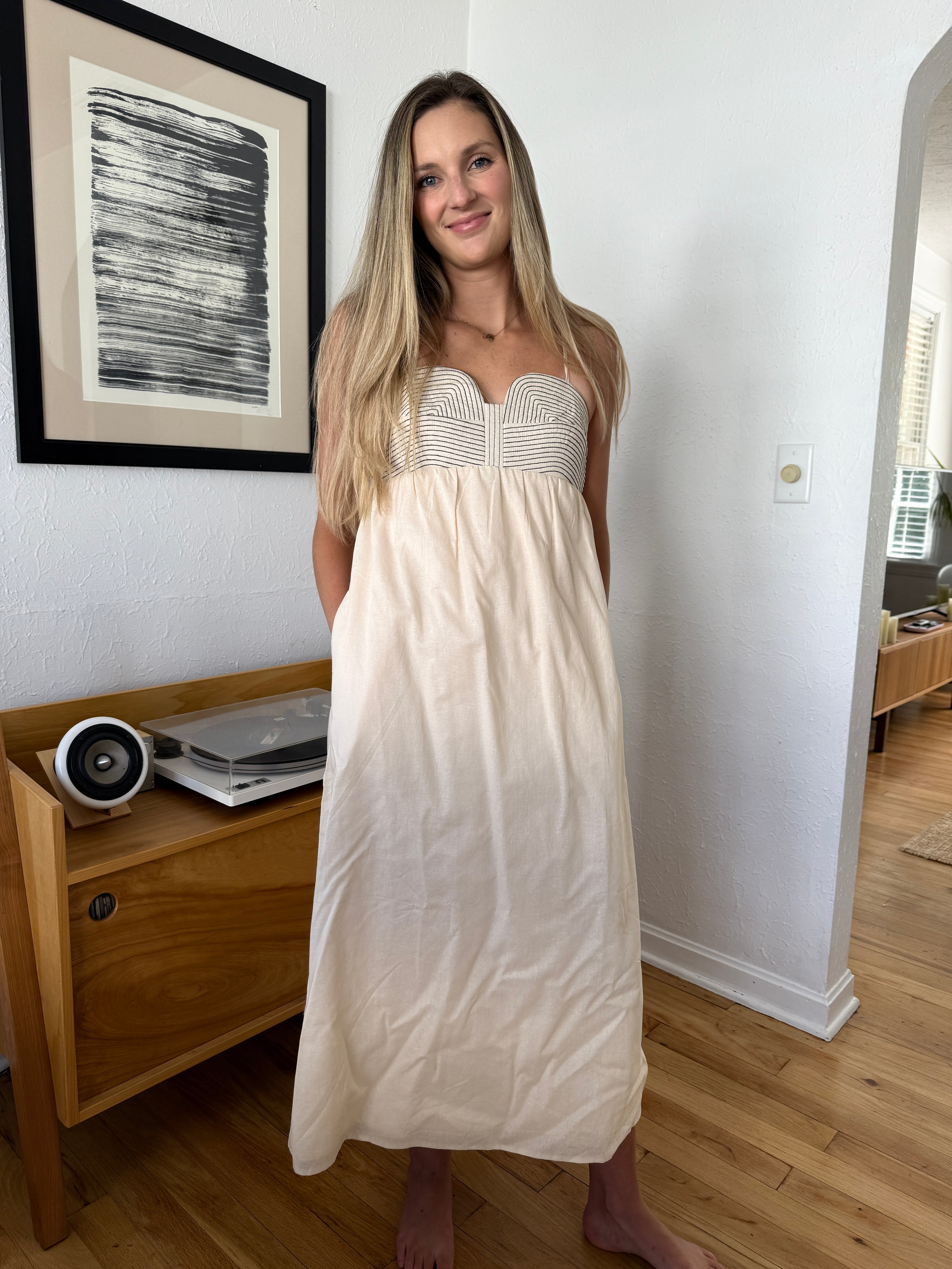 Jayce Cream Stitch Detail Sleeveless Linen Maxi Dress