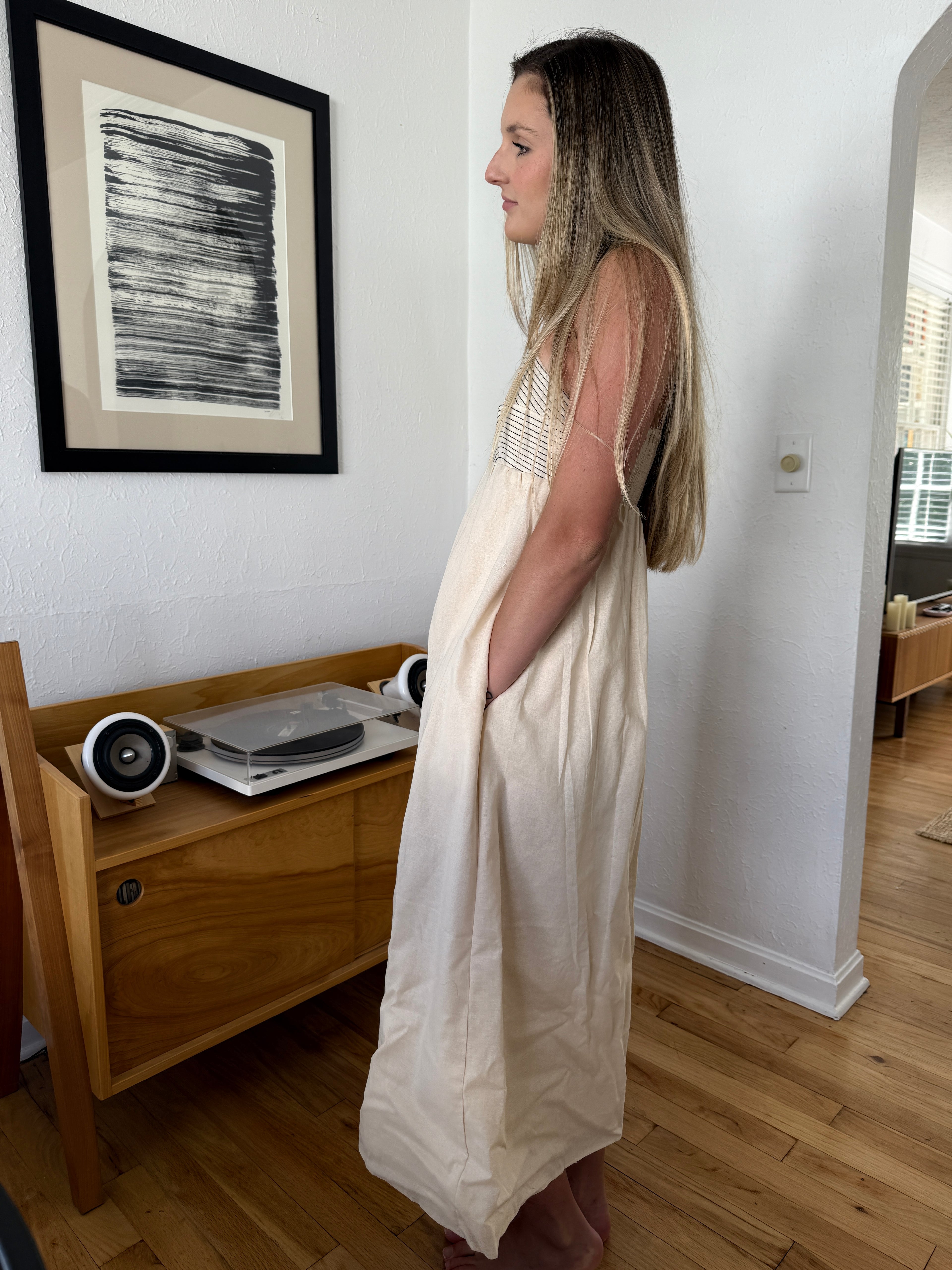 Jayce Cream Stitch Detail Sleeveless Linen Maxi Dress