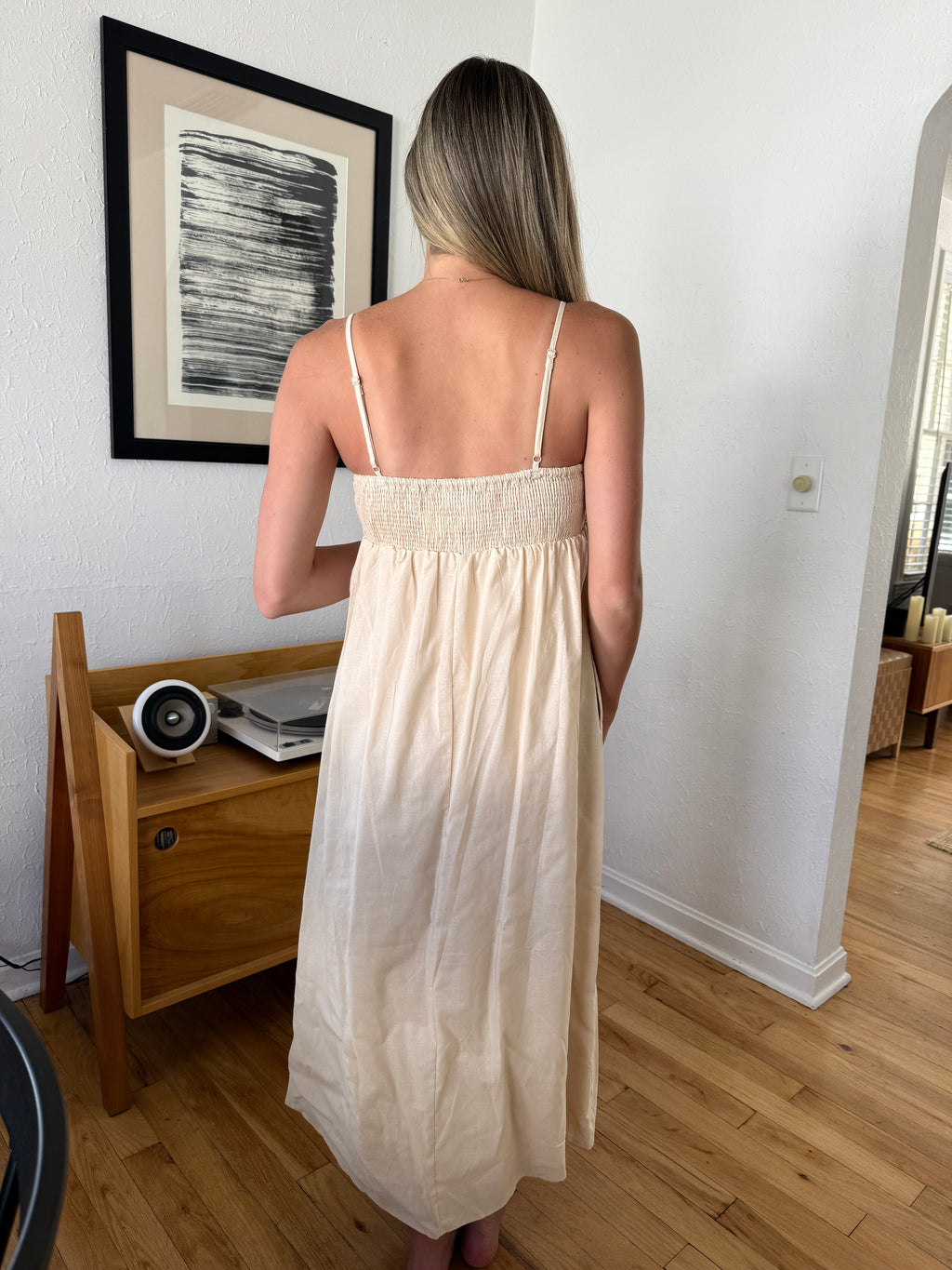 Jayce Cream Stitch Detail Sleeveless Linen Maxi Dress