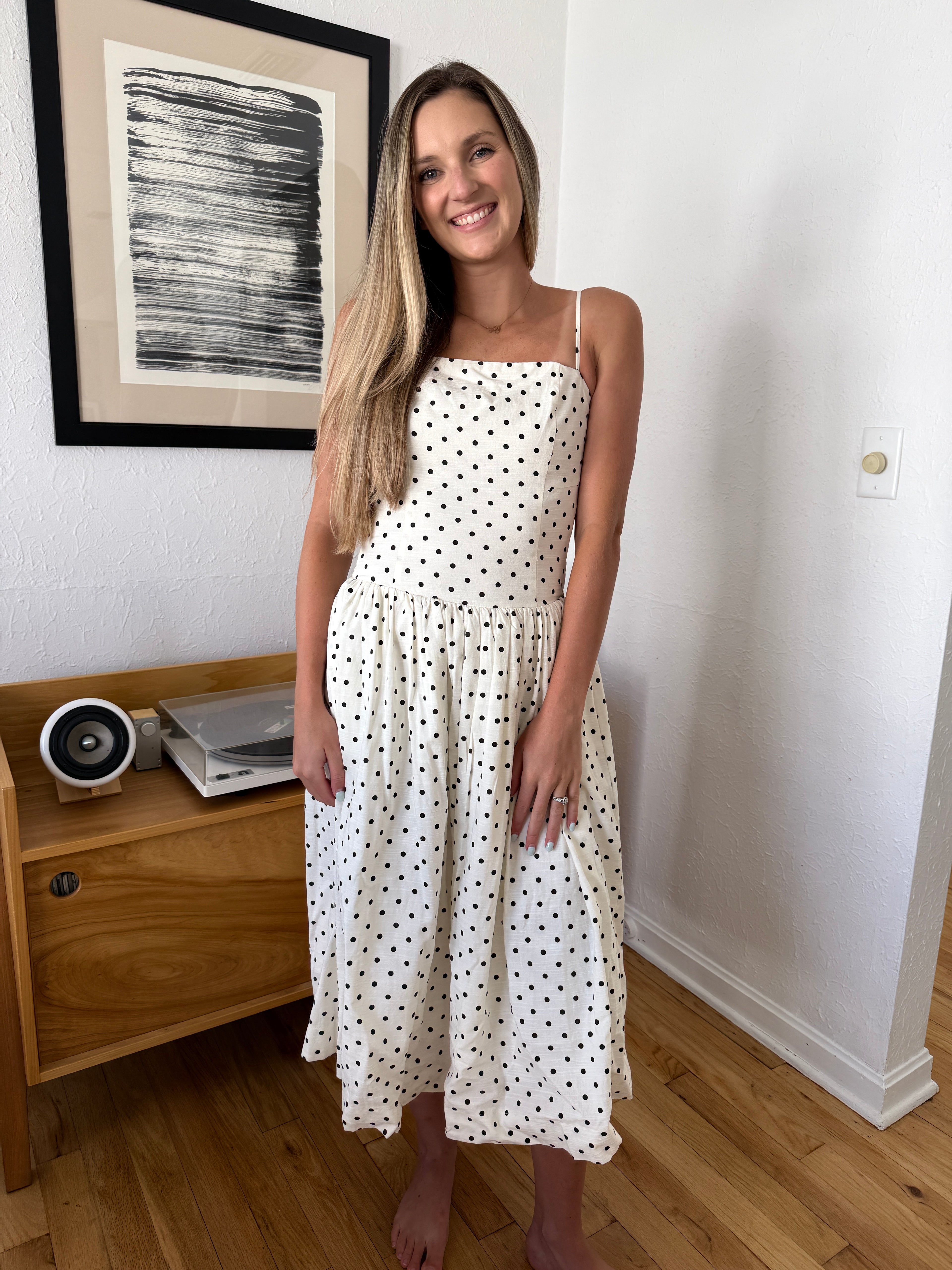 Jane Black Polka Dot Drop Waist Sleeveless Midi Dress