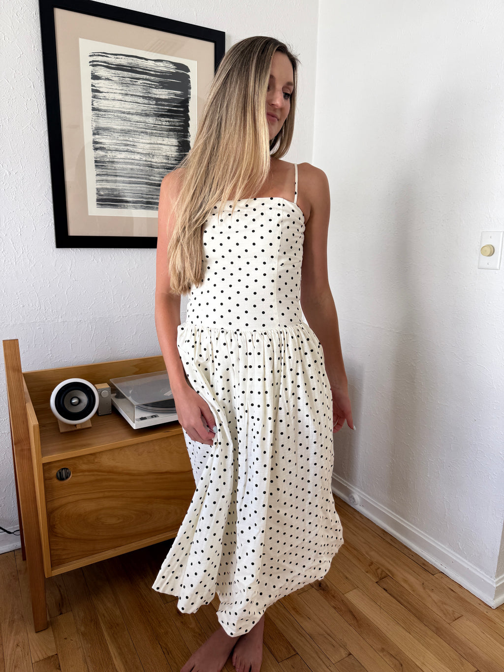 Jane Black Polka Dot Drop Waist Sleeveless Midi Dress