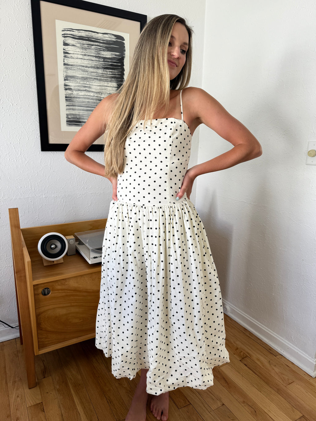 Jane Black Polka Dot Drop Waist Sleeveless Midi Dress