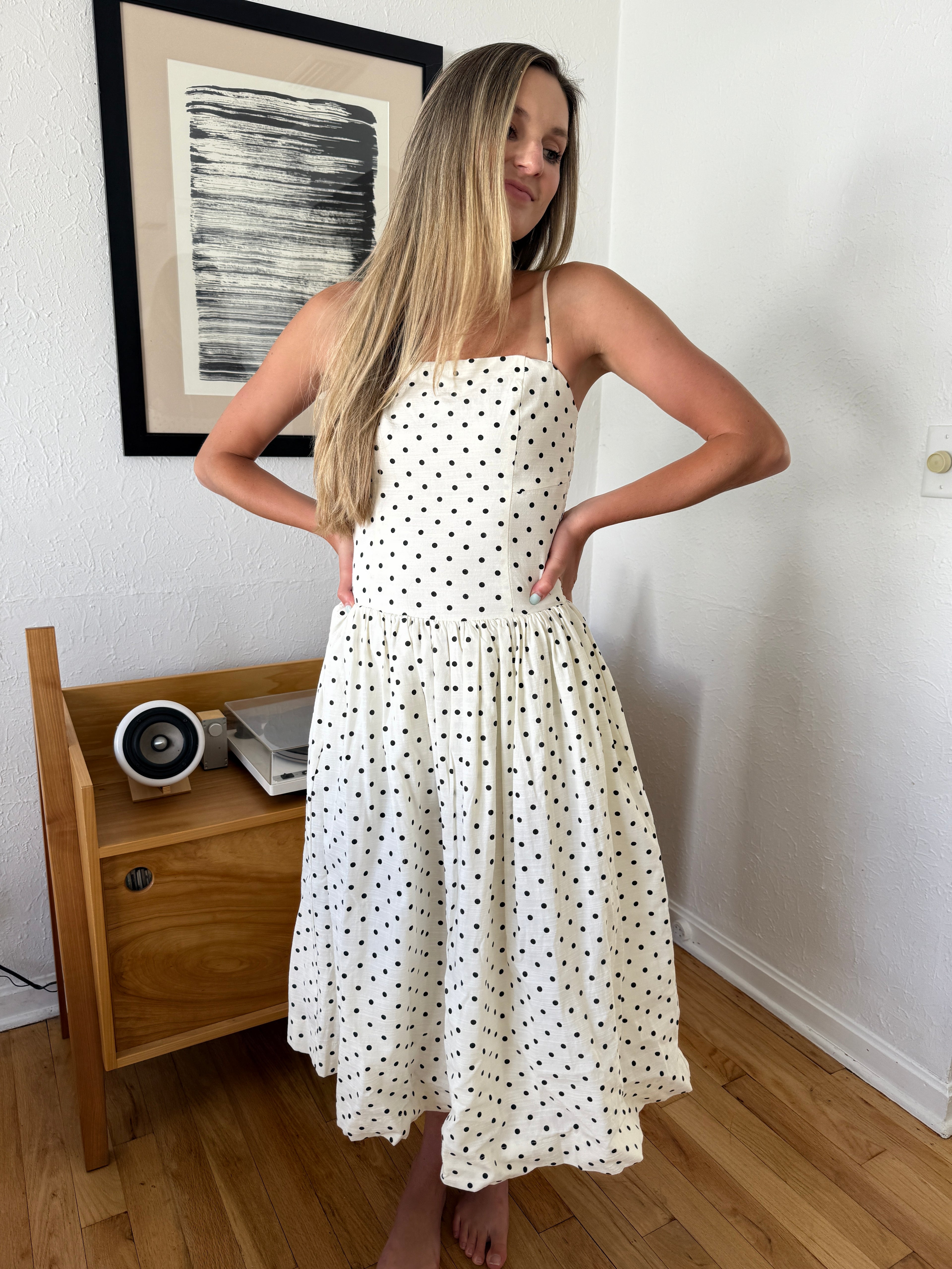 Jane Black Polka Dot Drop Waist Sleeveless Midi Dress