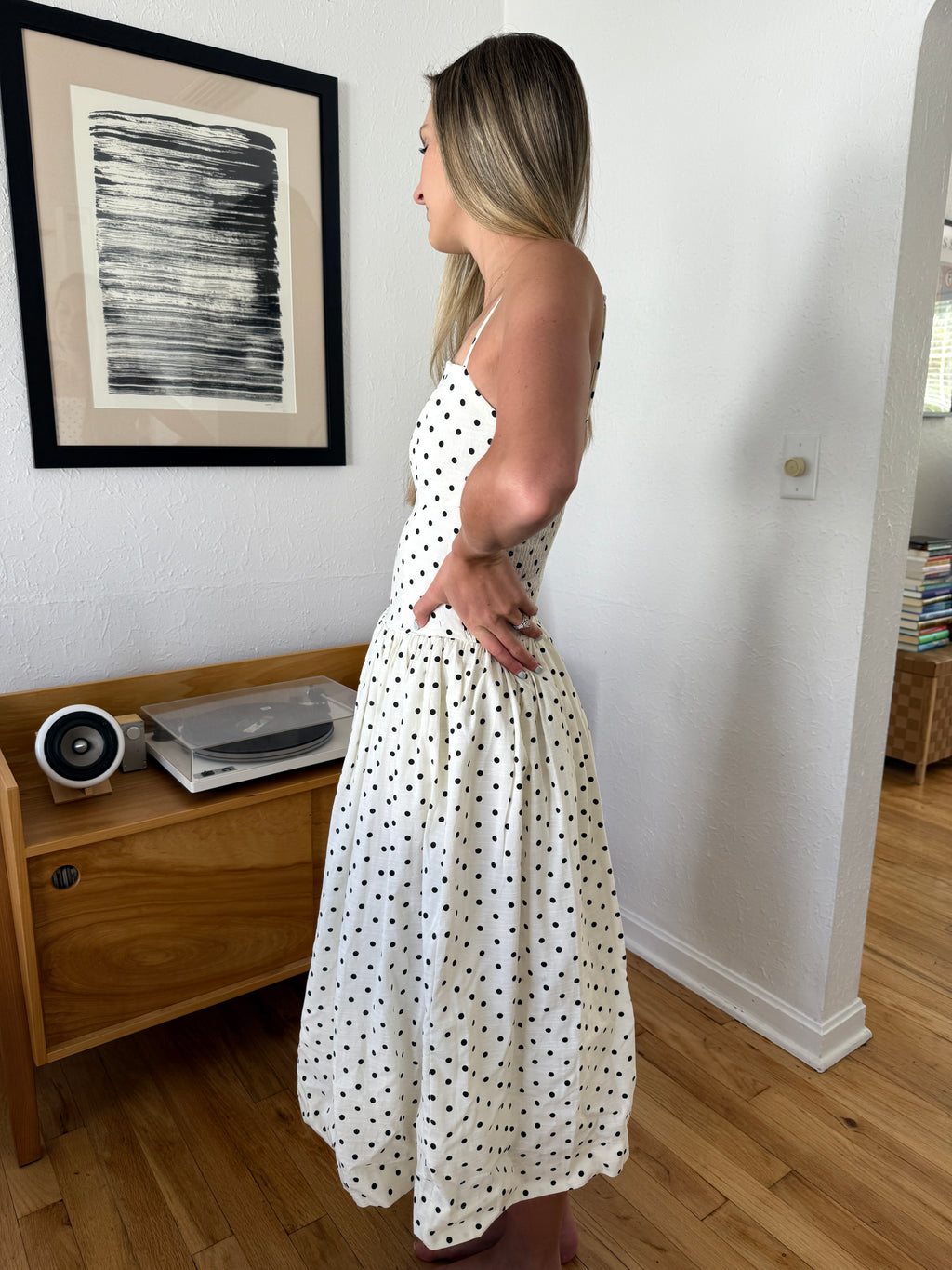 Jane Black Polka Dot Drop Waist Sleeveless Midi Dress