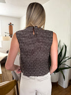 James Brown and Cream Plaid High Neck Crinkle Top