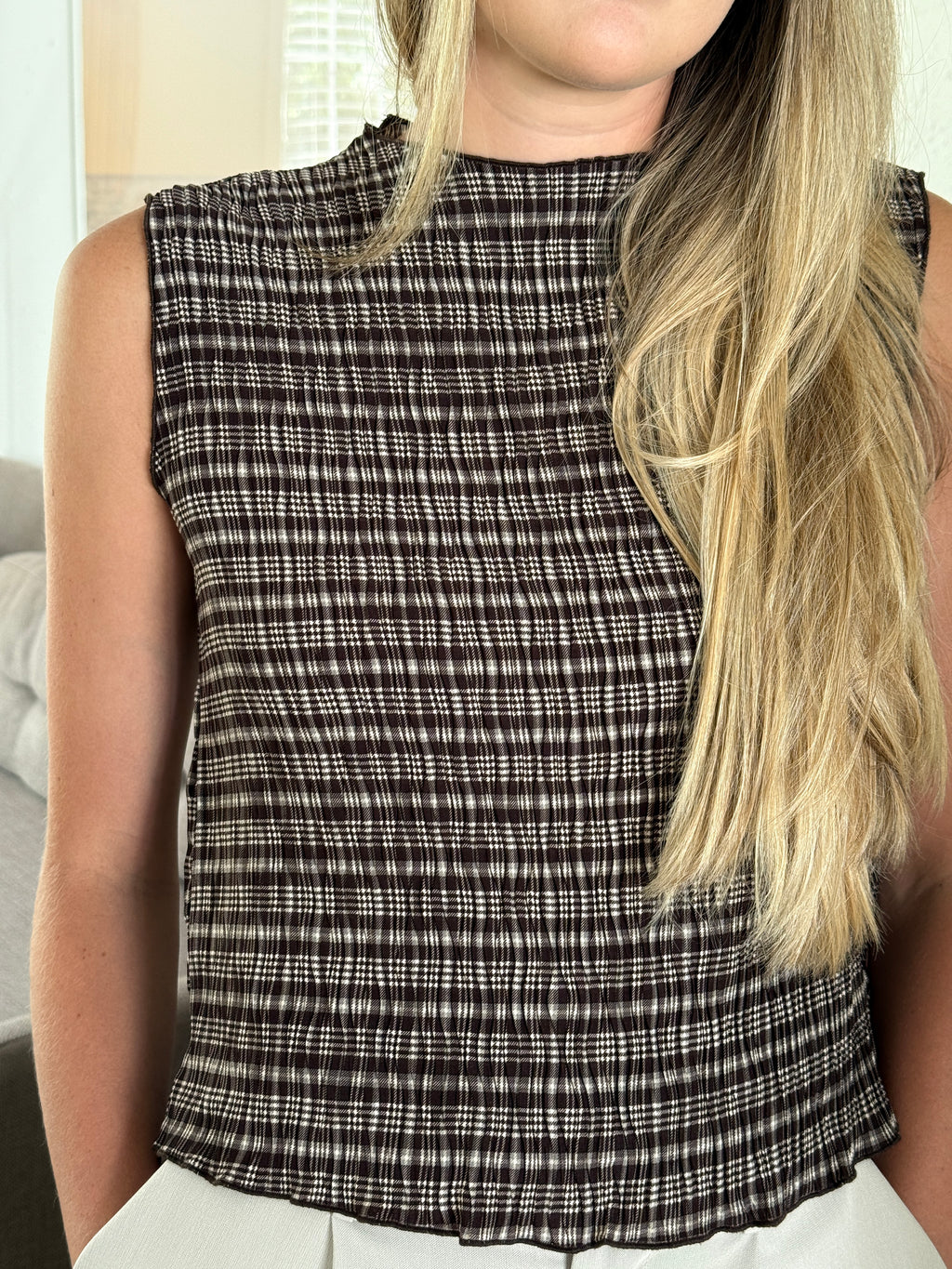 James Brown and Cream Plaid High Neck Crinkle Top