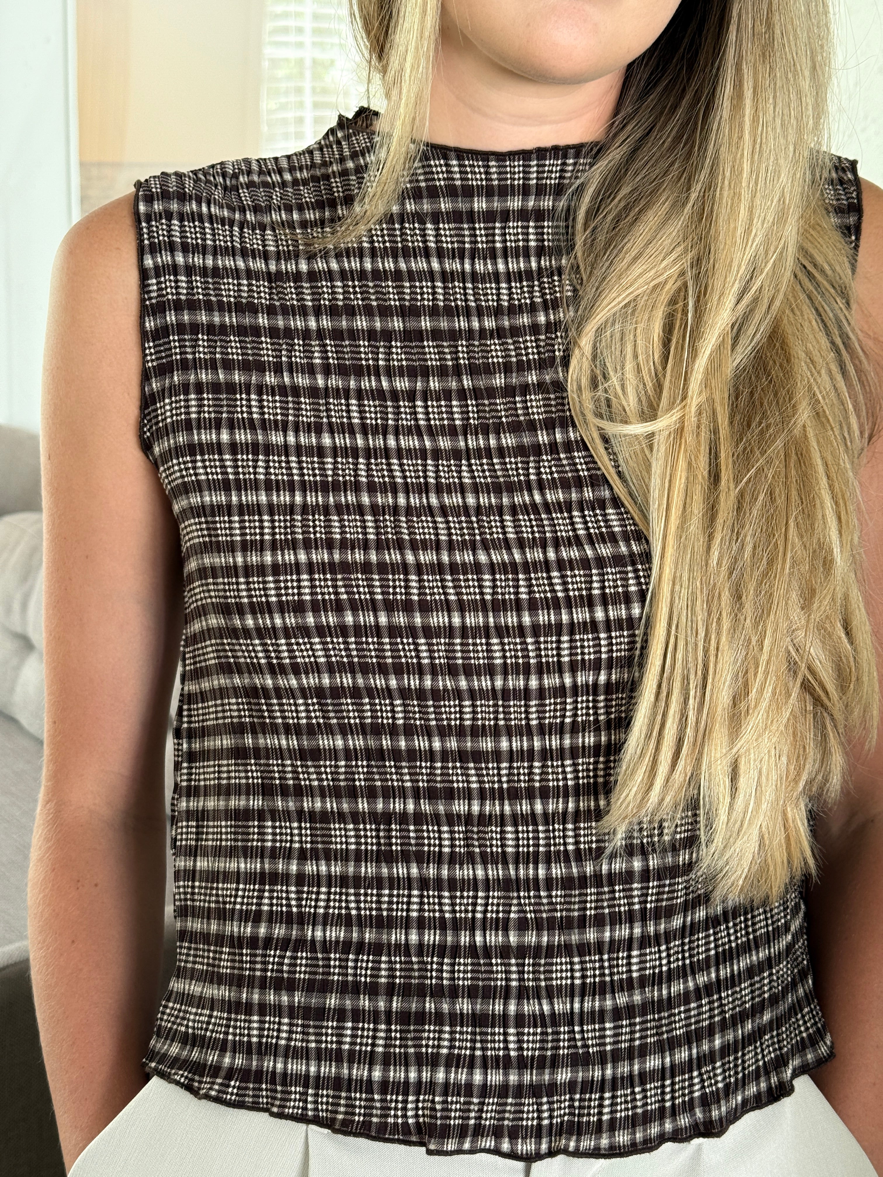 James Brown and Cream Plaid High Neck Crinkle Top