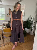 PINCH Addison Brown Cotton Cinched Button Midi Dress