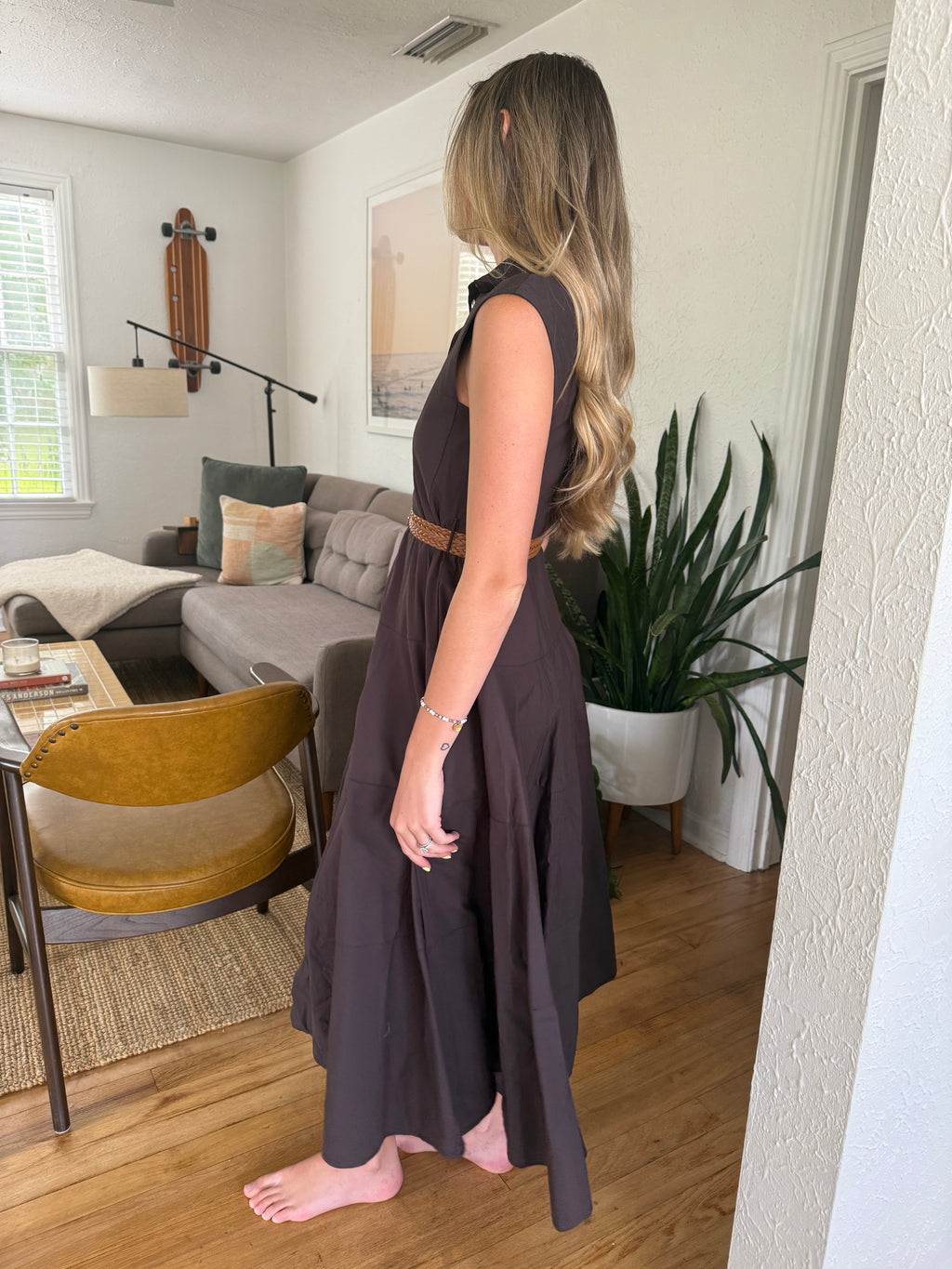 PINCH Addison Brown Cotton Cinched Button Midi Dress