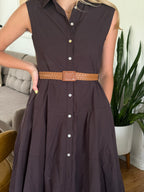 PINCH Addison Brown Cotton Cinched Button Midi Dress