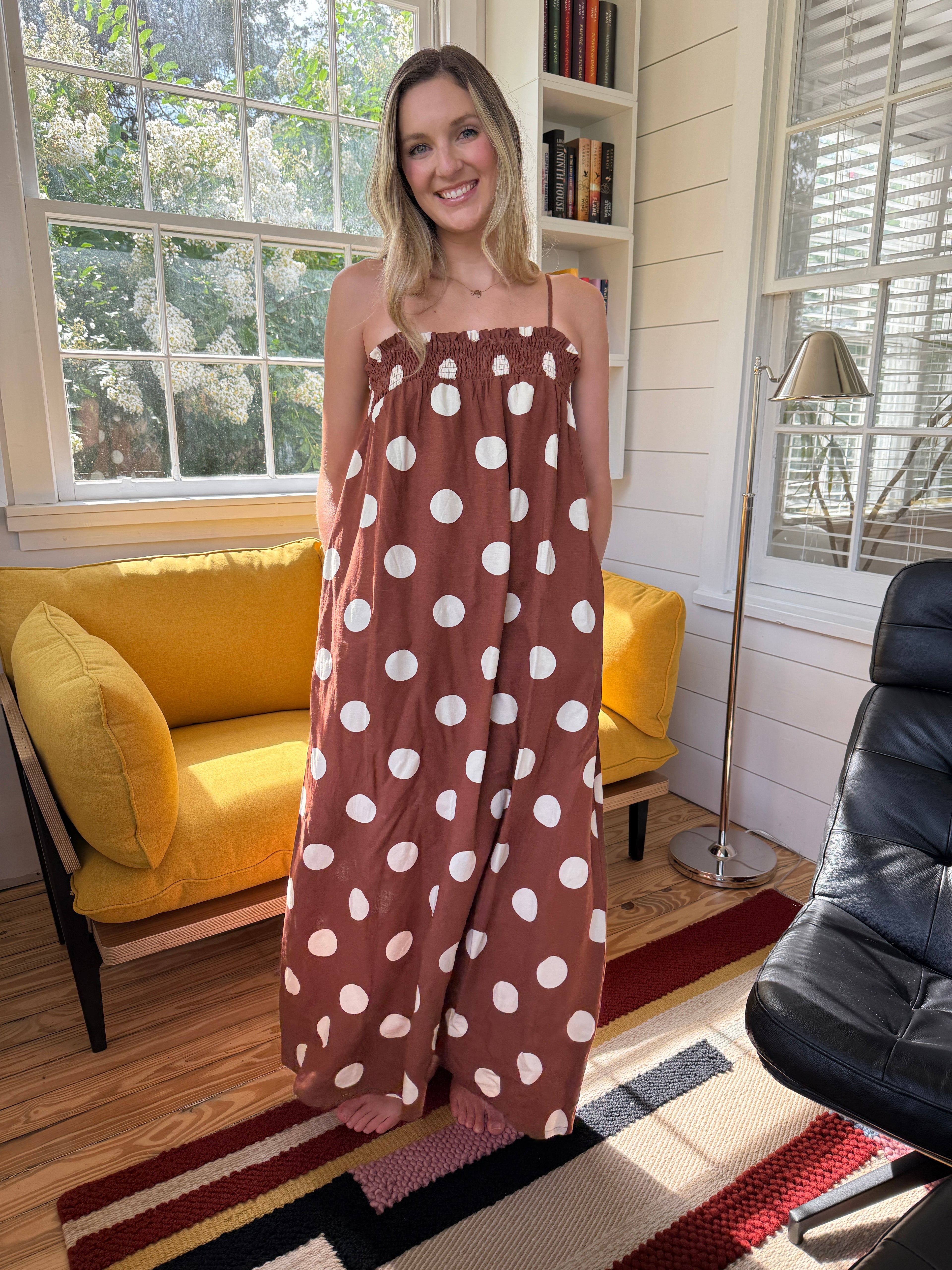 Things Between Kate Polka Dot Sleeveless Maxi Dress (Brown)