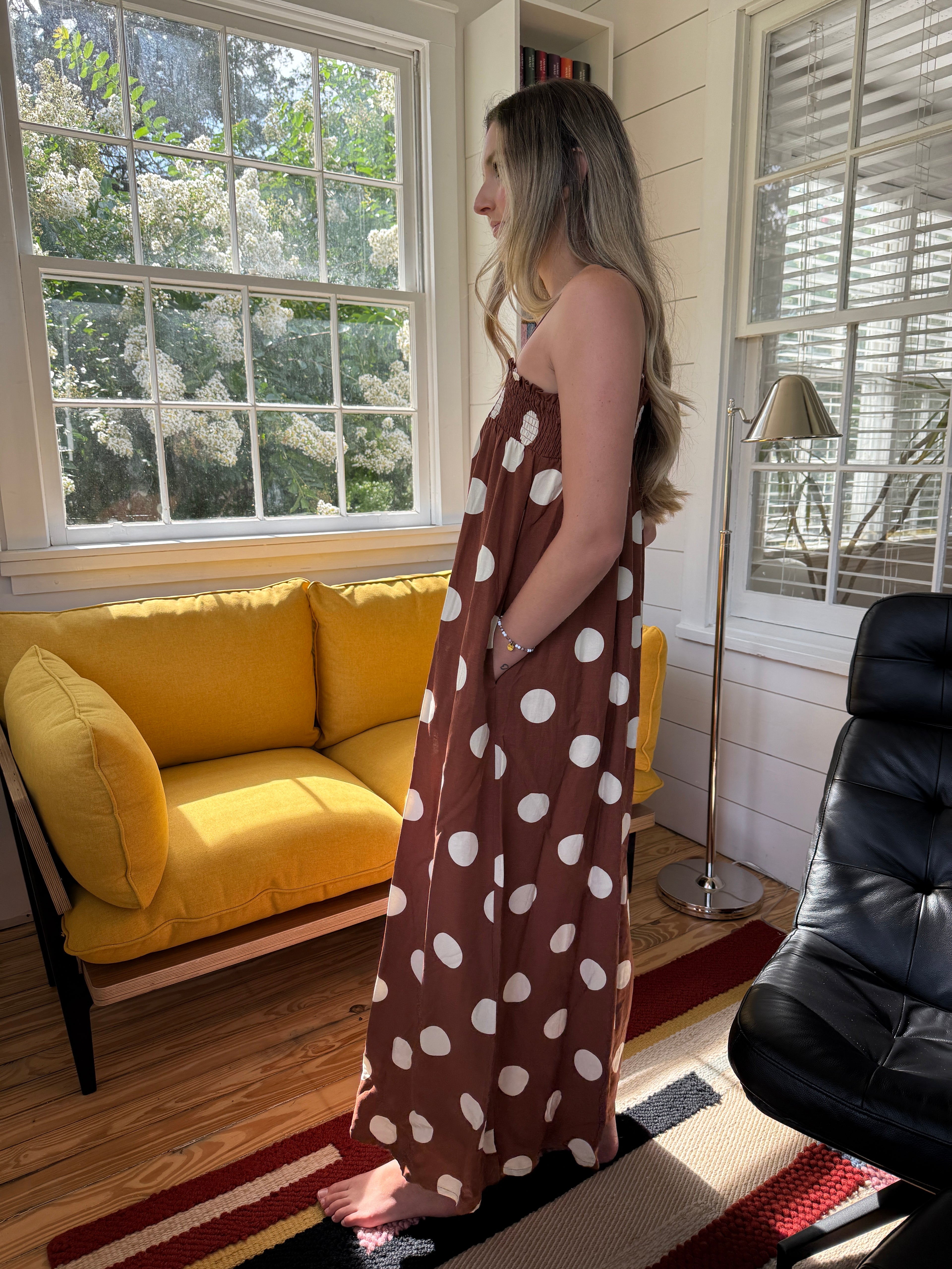 Things Between Kate Polka Dot Sleeveless Maxi Dress (Brown)