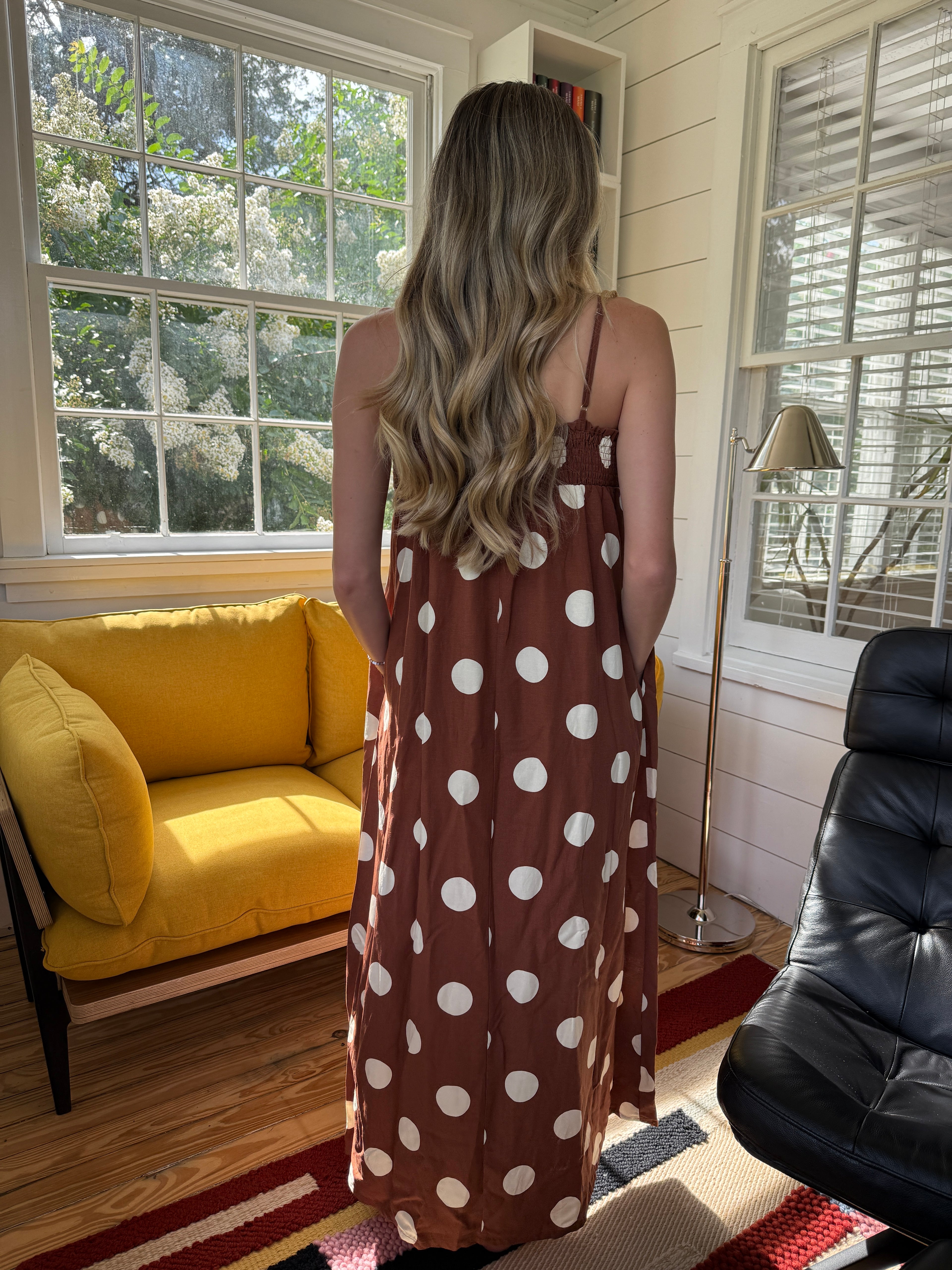 Things Between Kate Polka Dot Sleeveless Maxi Dress (Brown)