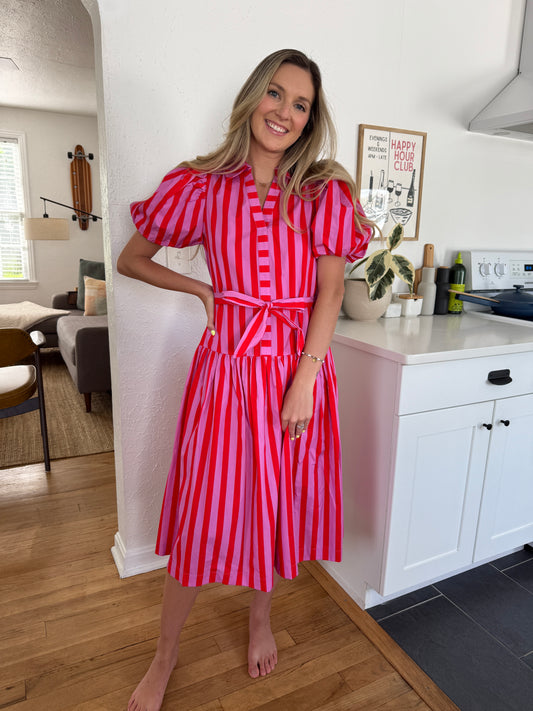 PINCH Kimberly Pink and Red Stripe Drop Waist Midi Dress