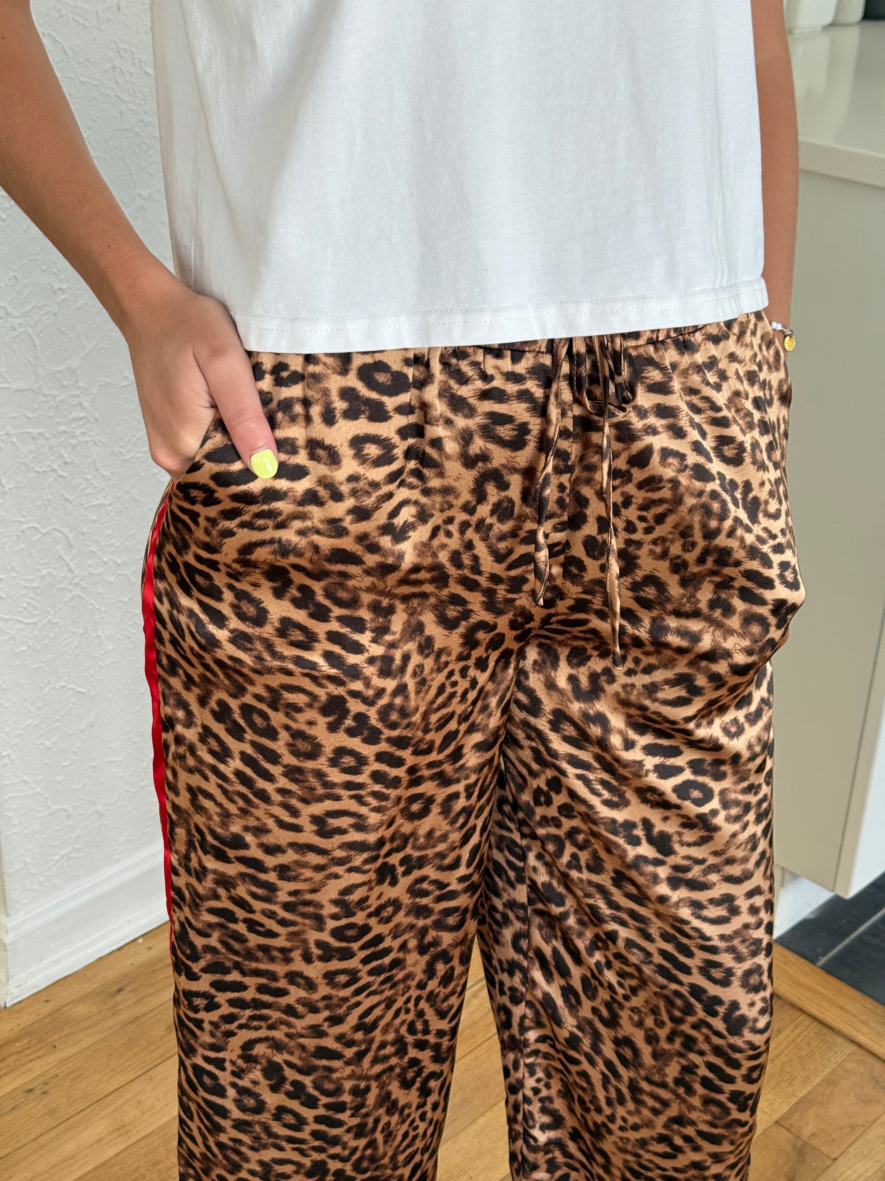 Things Between Brice Leopard Satin Stripe Wide Leg Pants