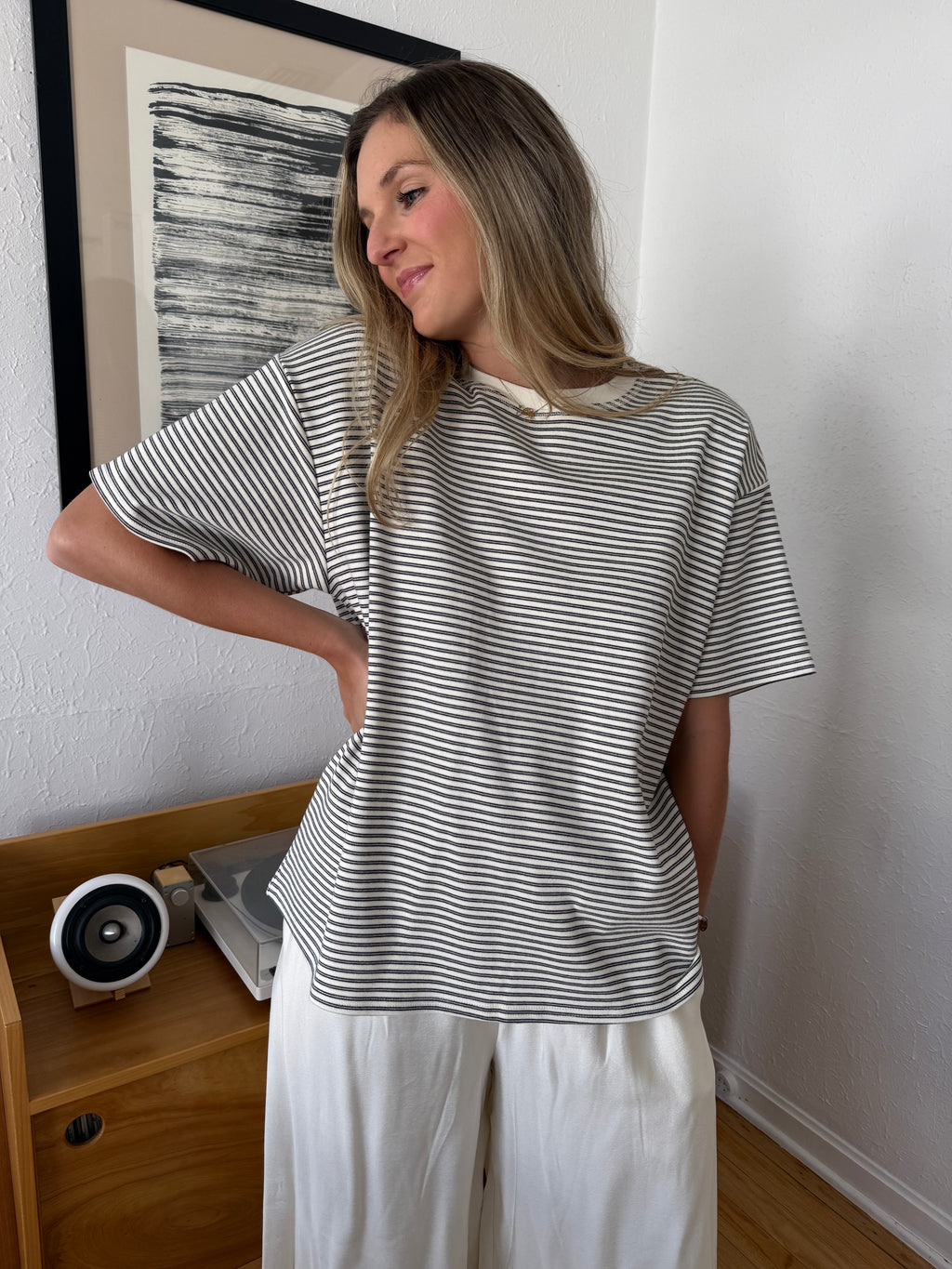 Things Between Gia Striped Oversized Cotton T-Shirt (Ivory)