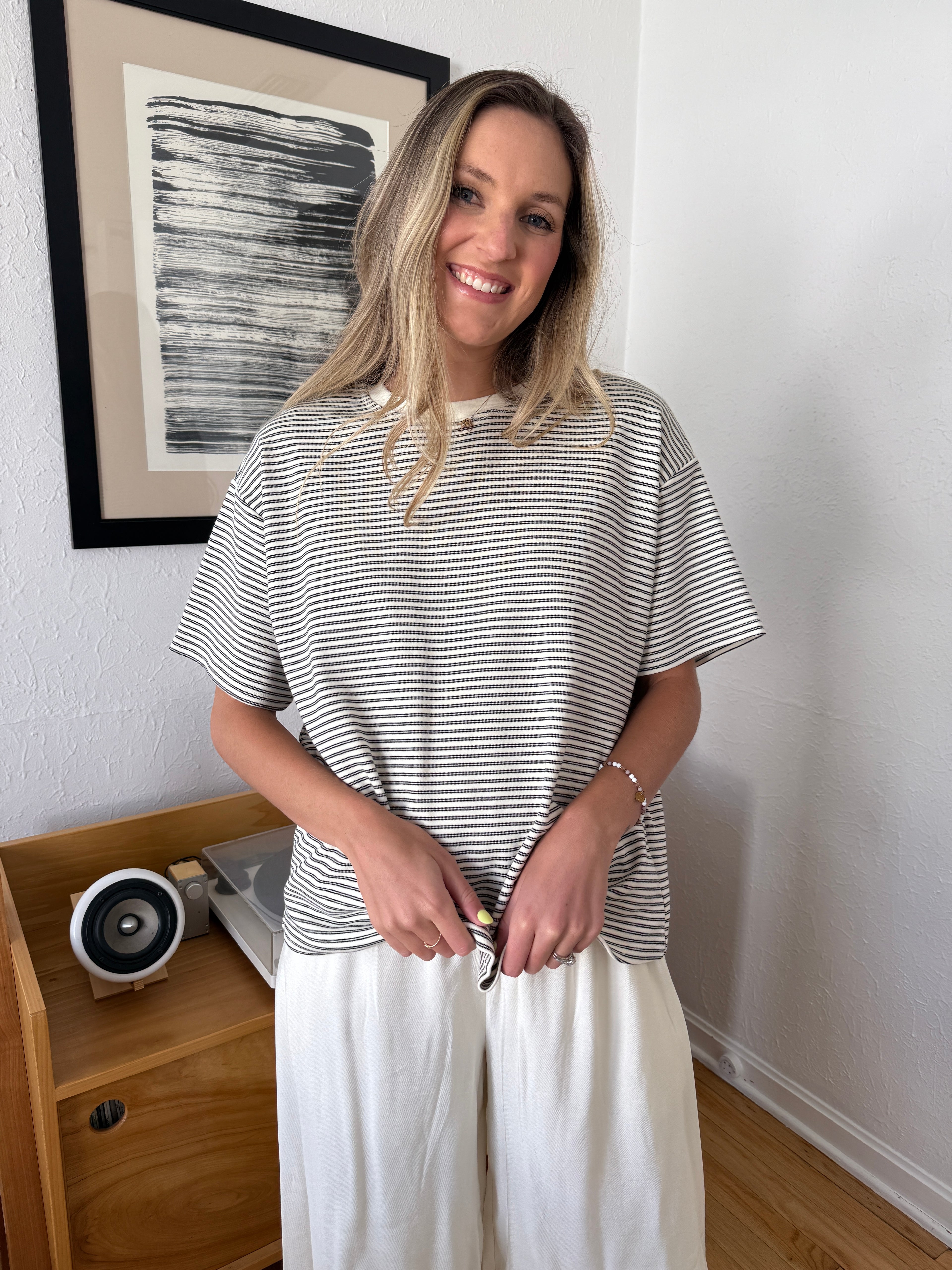 Things Between Gia Striped Oversized Cotton T-Shirt (Ivory)