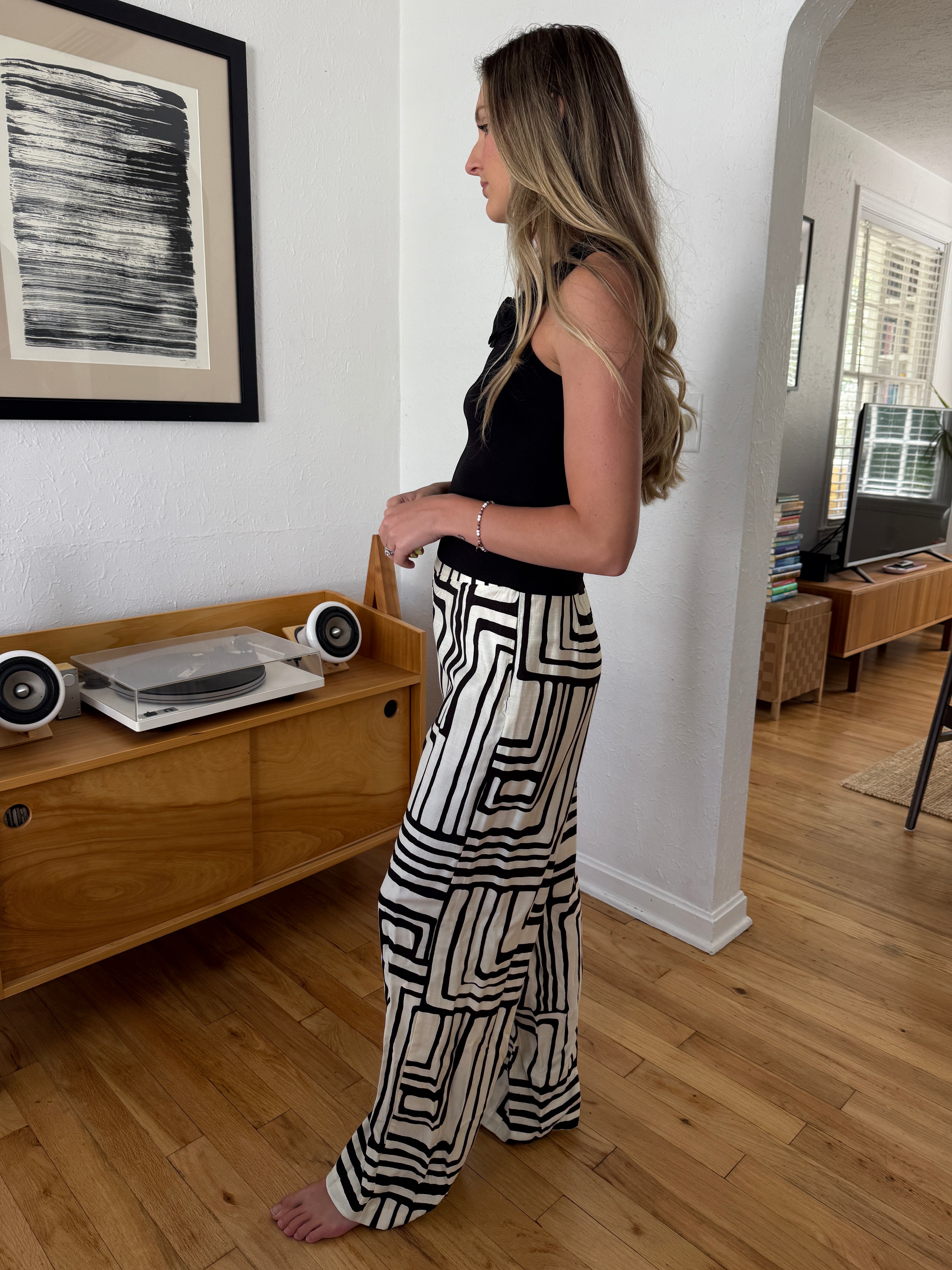 Lucy Paris Rue Black Geo Print Wide Leg Pants