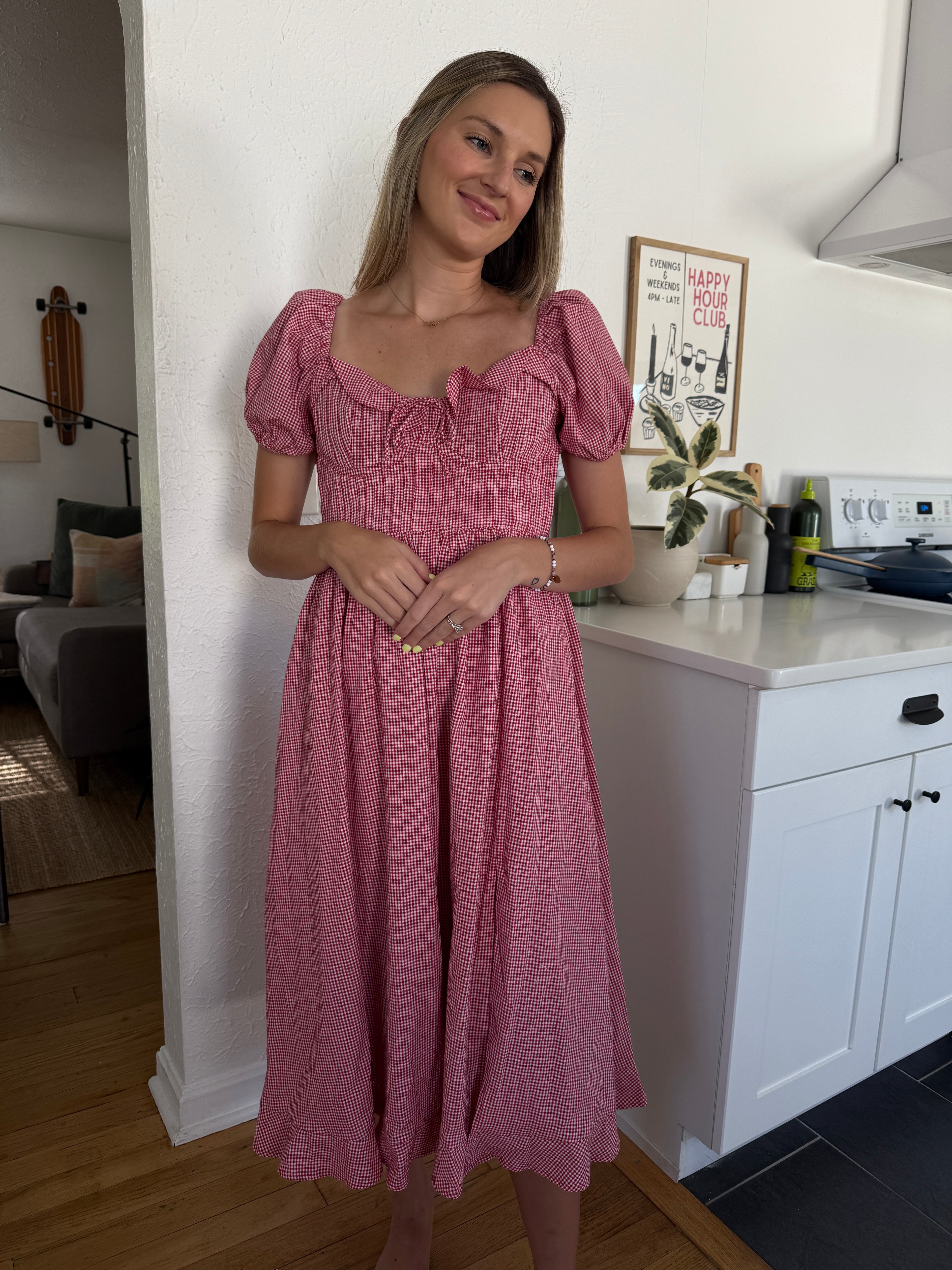 Sofie the Label Lottie Red Gingham Puff Sleeve Midi Dress