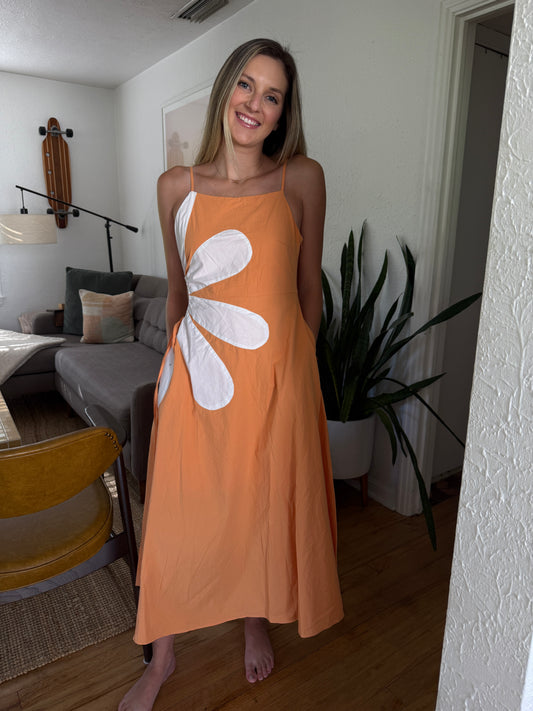 Helena Tangerine Floral Cutout Sleeveless Midi Dress