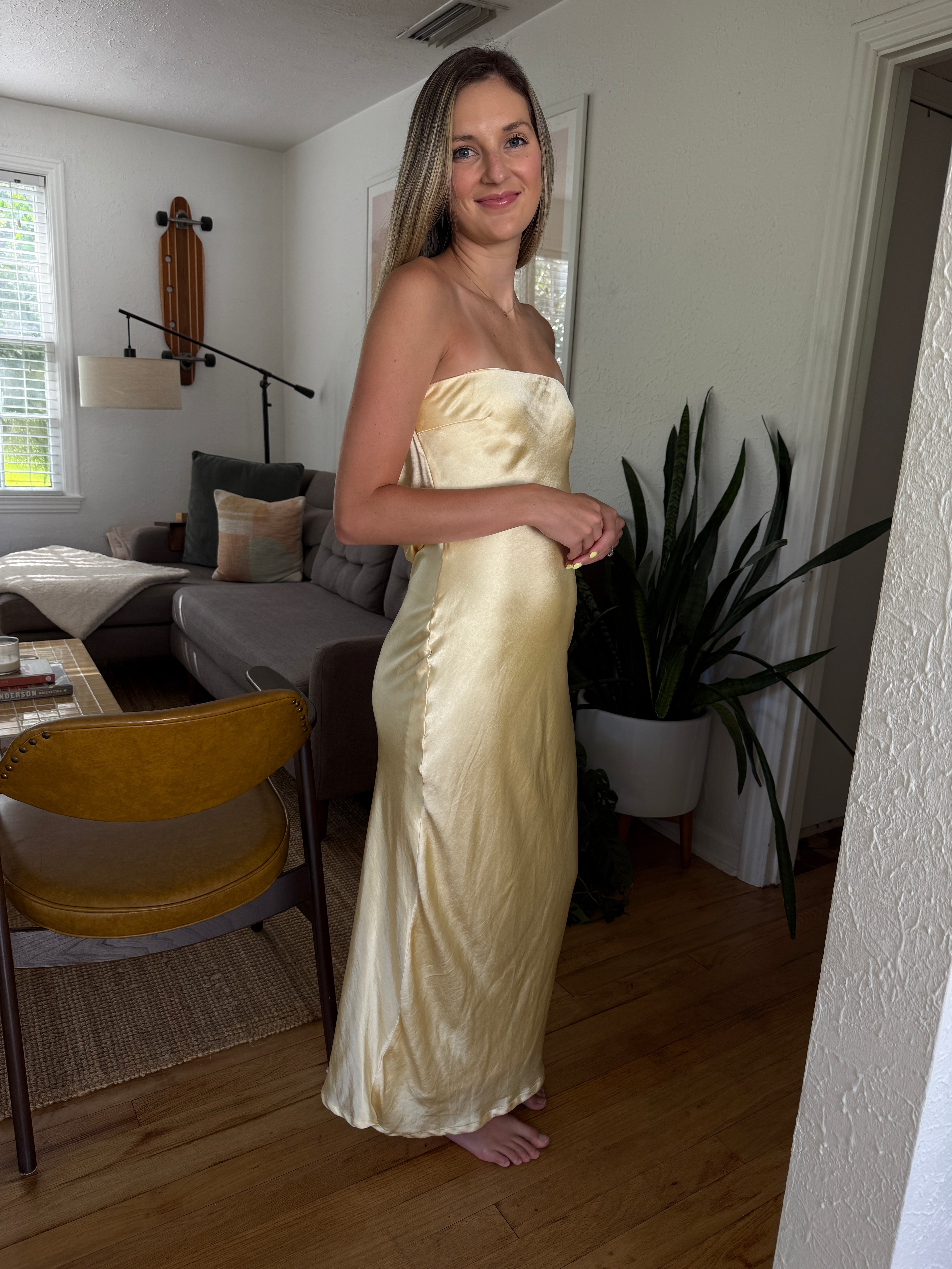 Lacey Satin Butter Yellow Strapless Maxi Dress