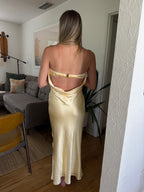 Lacey Satin Butter Yellow Strapless Maxi Dress