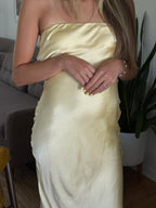 Lacey Satin Butter Yellow Strapless Maxi Dress