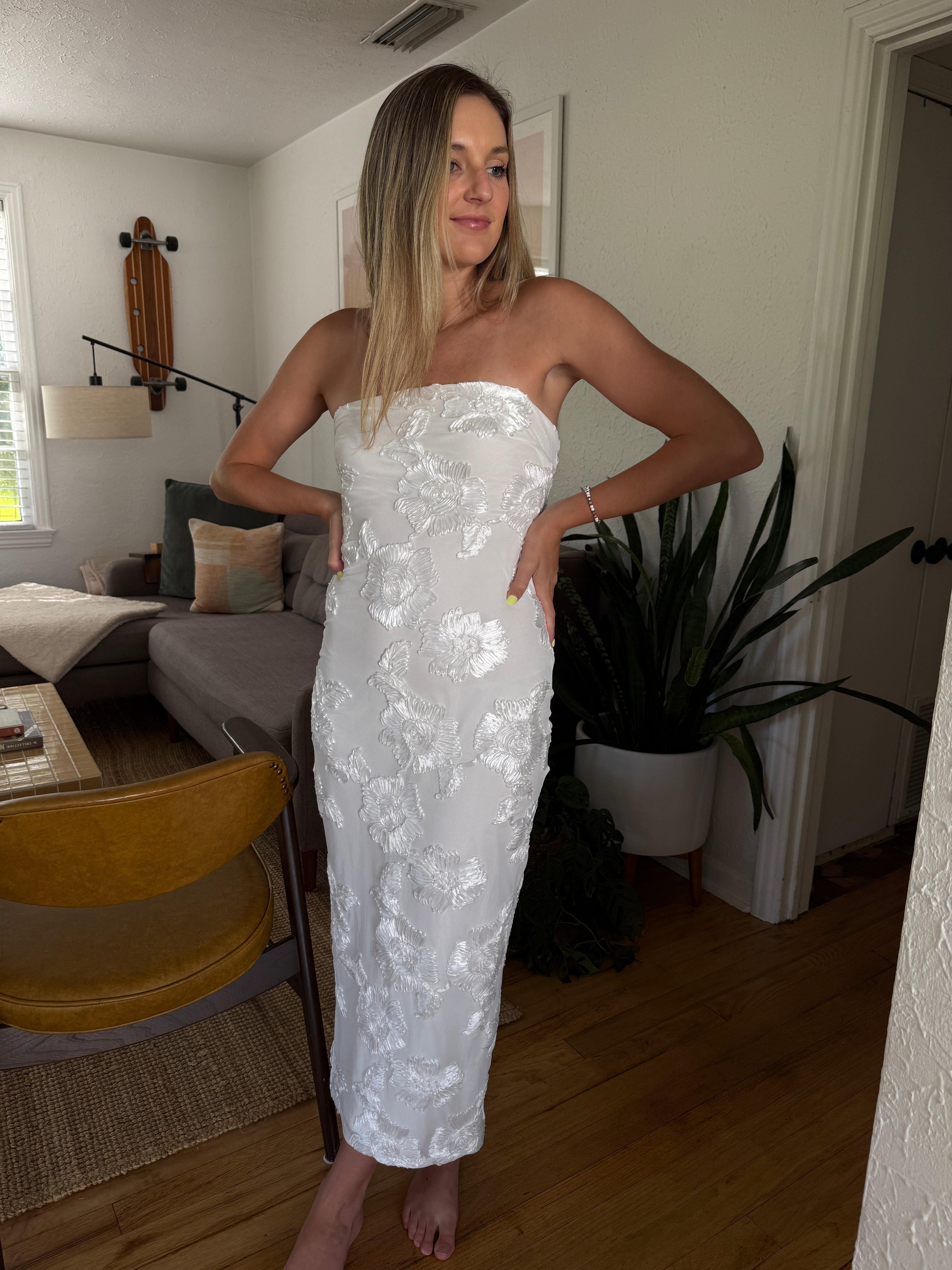 Lucy White Floral Mesh Strapless Midi Dress