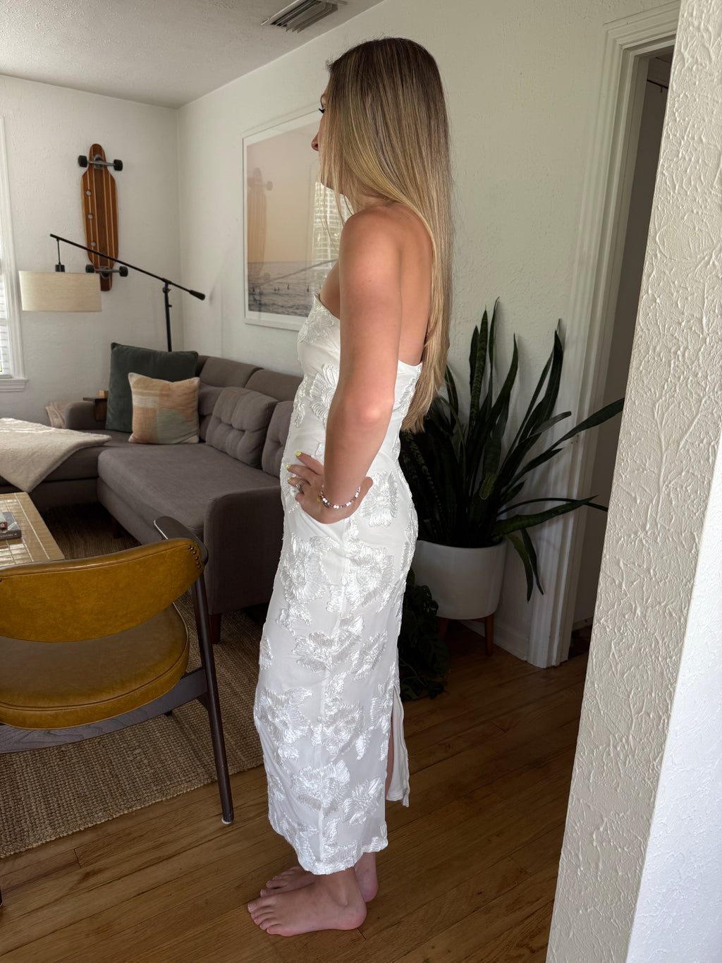 Lucy White Floral Mesh Strapless Midi Dress