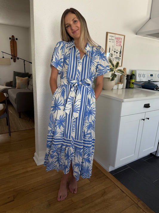 Lily Blue Floral Collared Tie Belt Midi Dress