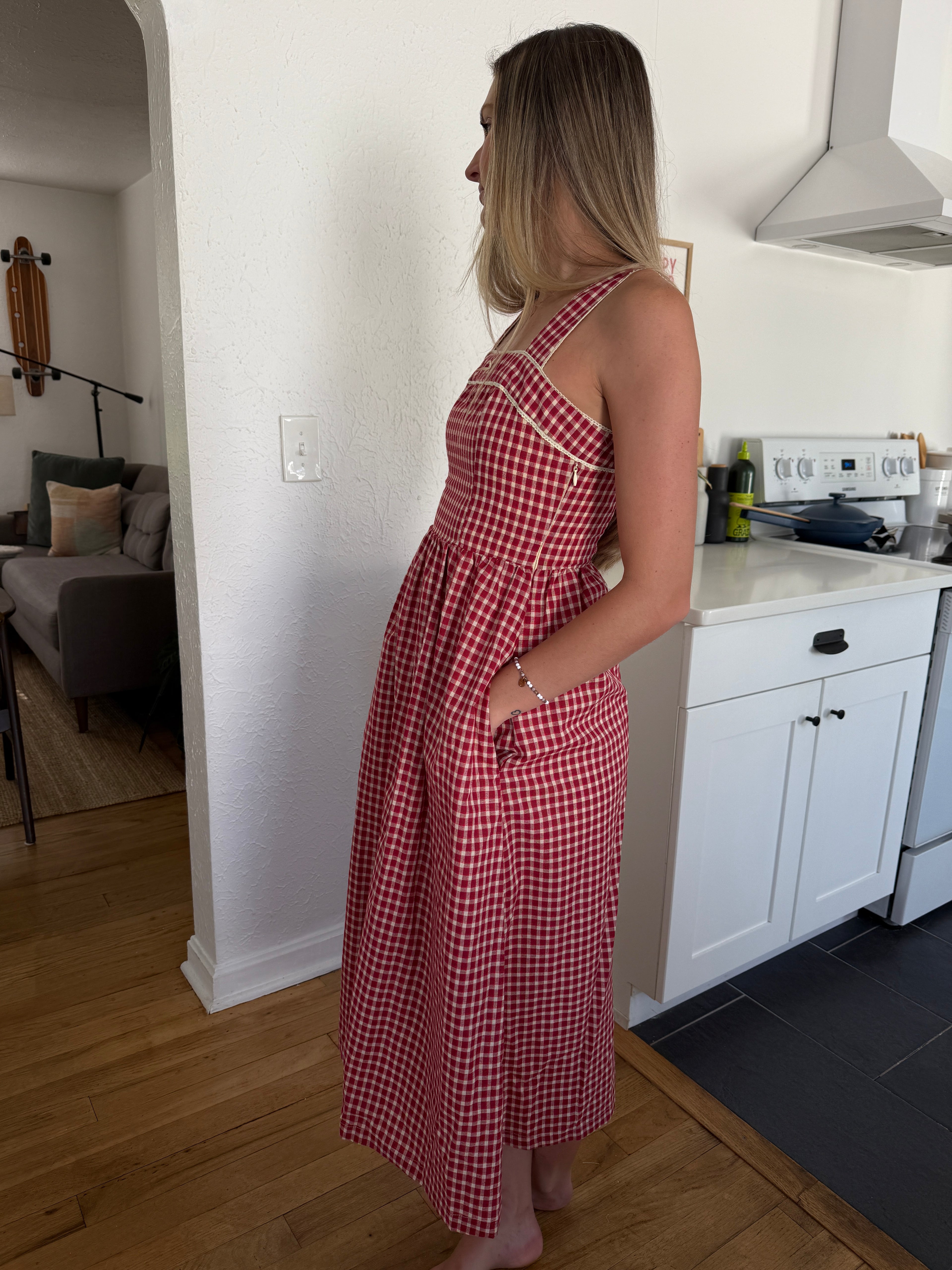 Bailey Rose Logan Red Gingham Lace Sleeveless Midi Dress (M) Momni Boutique Bailey Rose Logan Red Gingham Lace Sleeveless Midi Dress (M) Momni Boutique