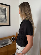 Lola Black Collared Side Ruched Short Sleeve Top