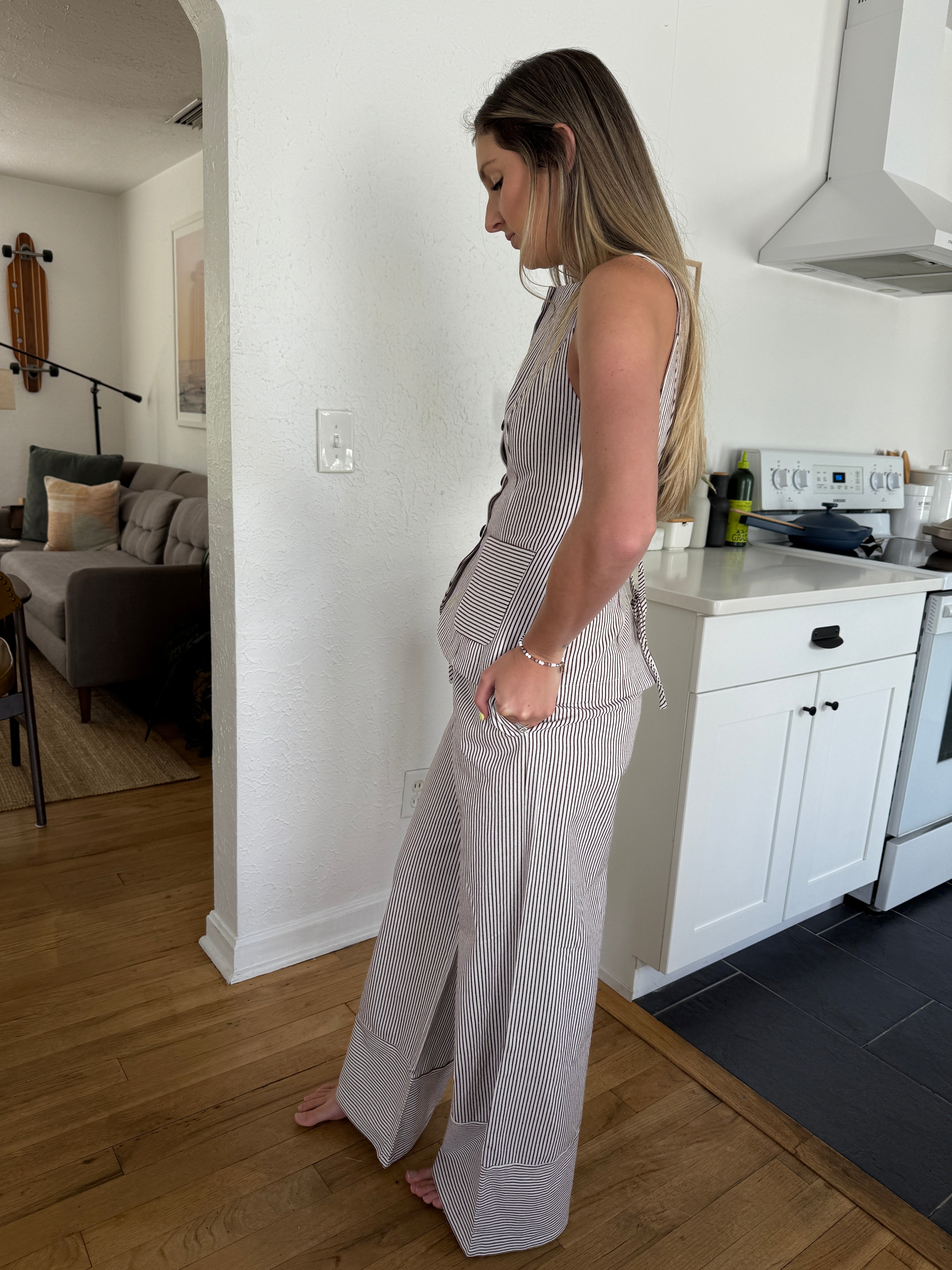 Jesse Burgundy Striped Canvas Drawstring Wide Leg Pants