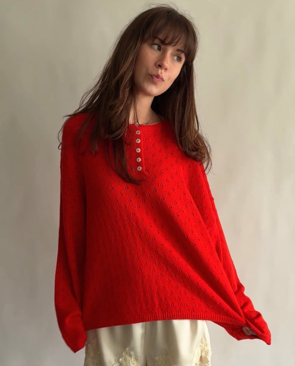Things Between Amelia Red Yellow Eyelet Henley Pullover