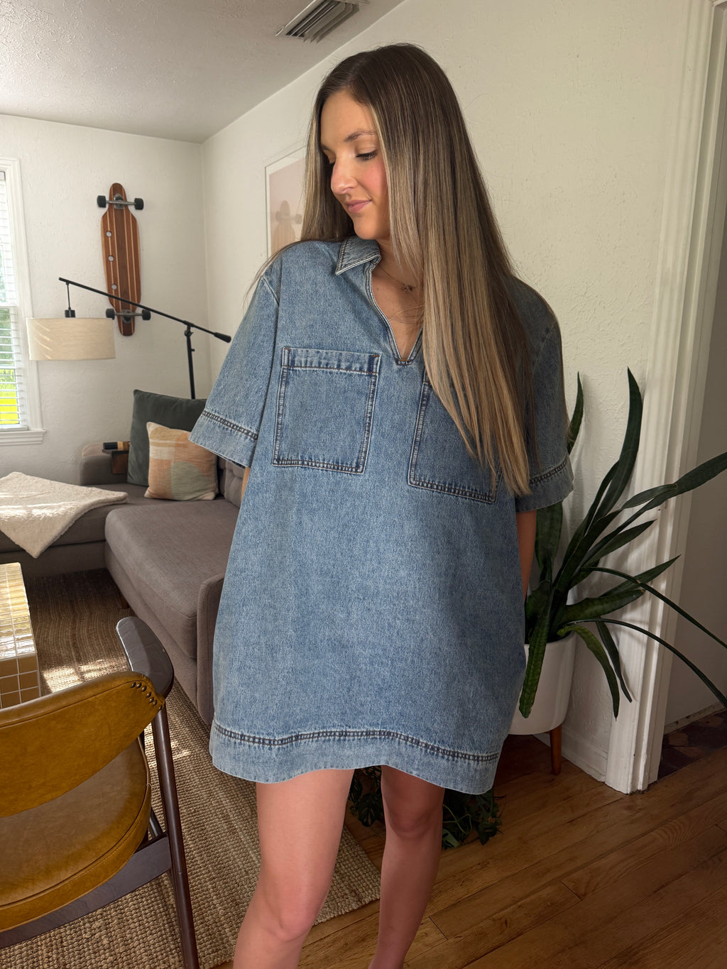 Miou Muse Macey Denim Collared Shirt Mini Dress