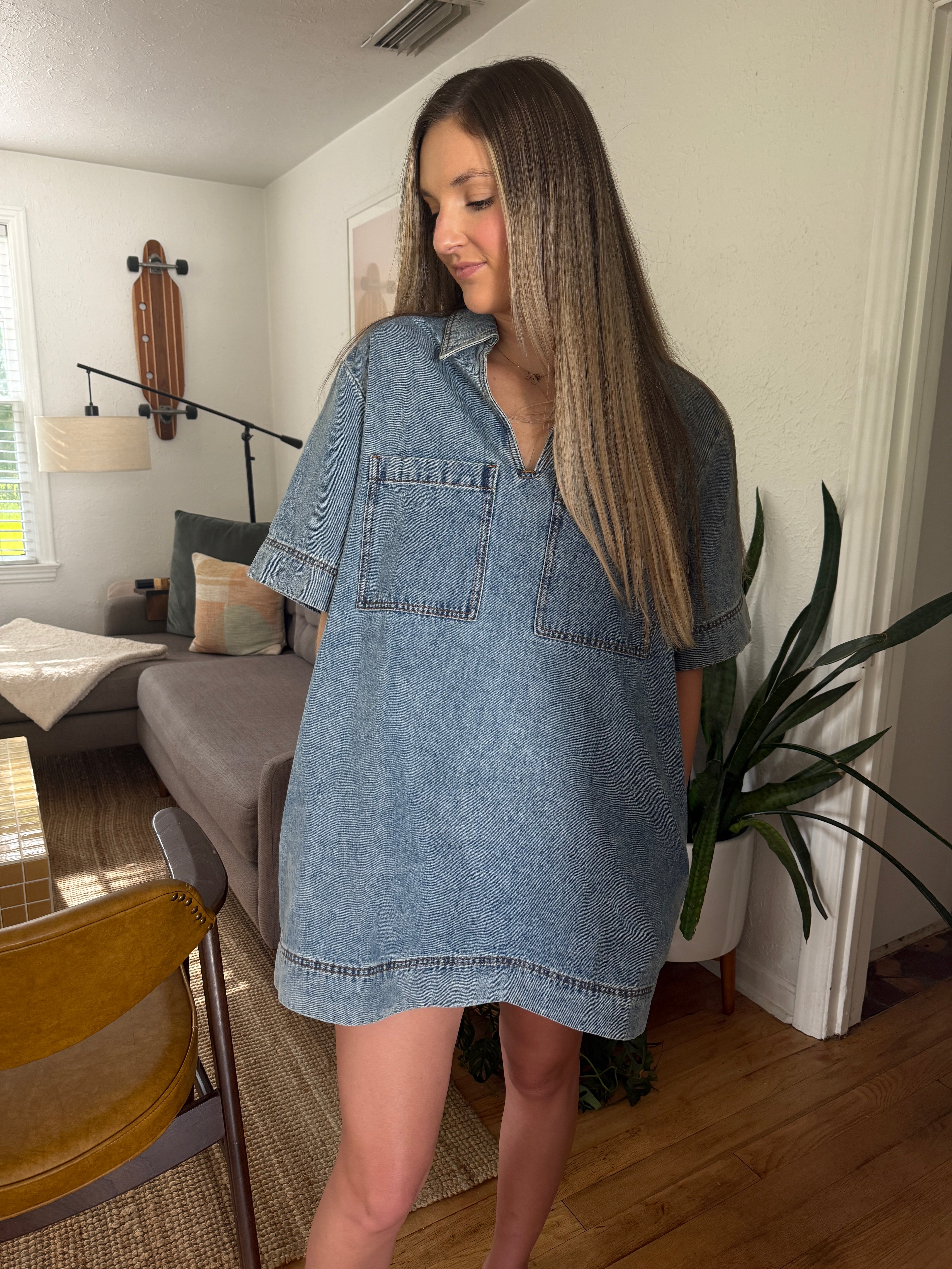 Miou Muse Macey Denim Collared Shirt Mini Dress