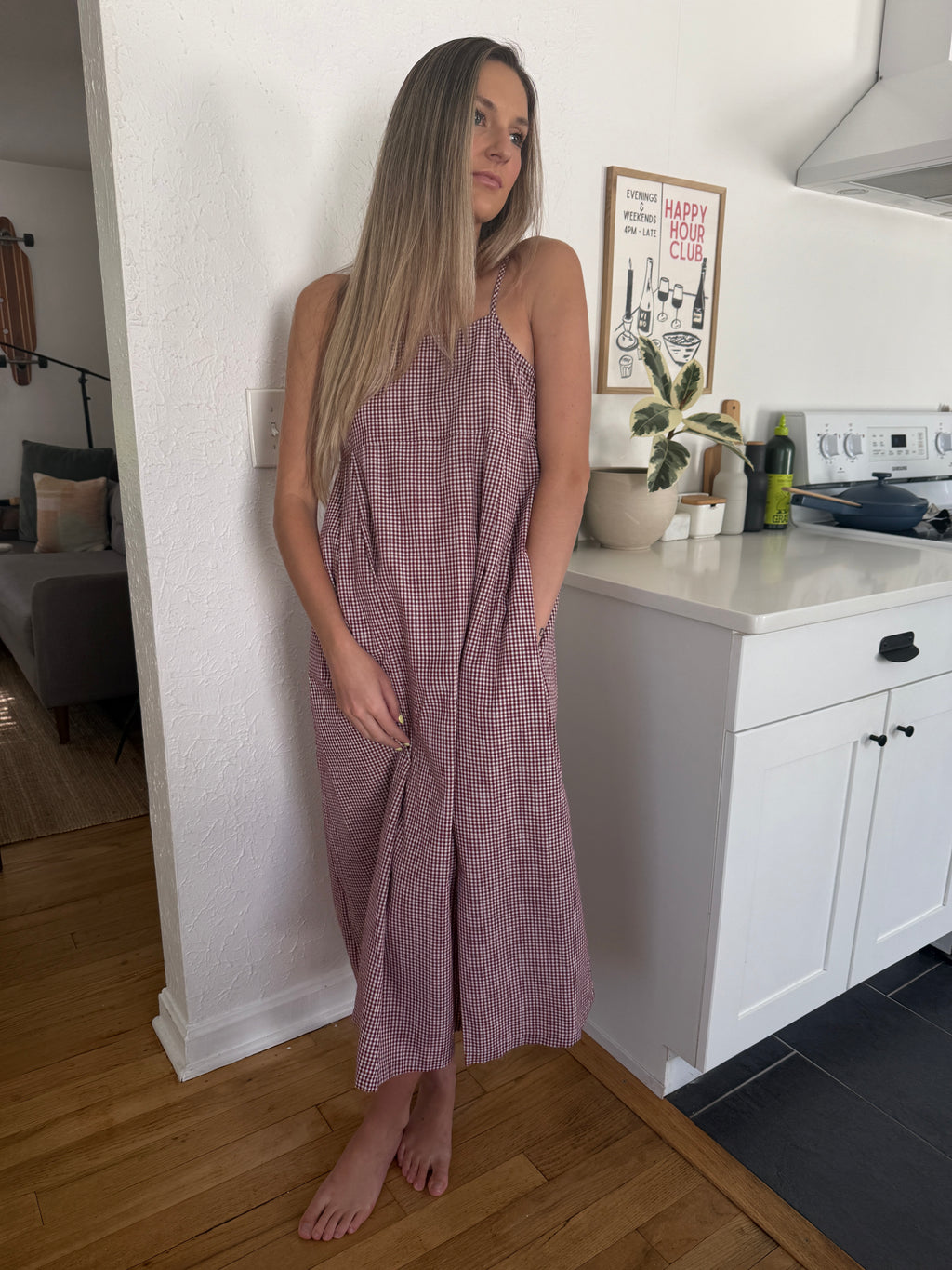 Things Between Missy Gingham Sleeveless Midi Dress (Wine)