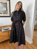 PINCH Lorraine Black Tucked Sleeve Buttoned Midi Dress