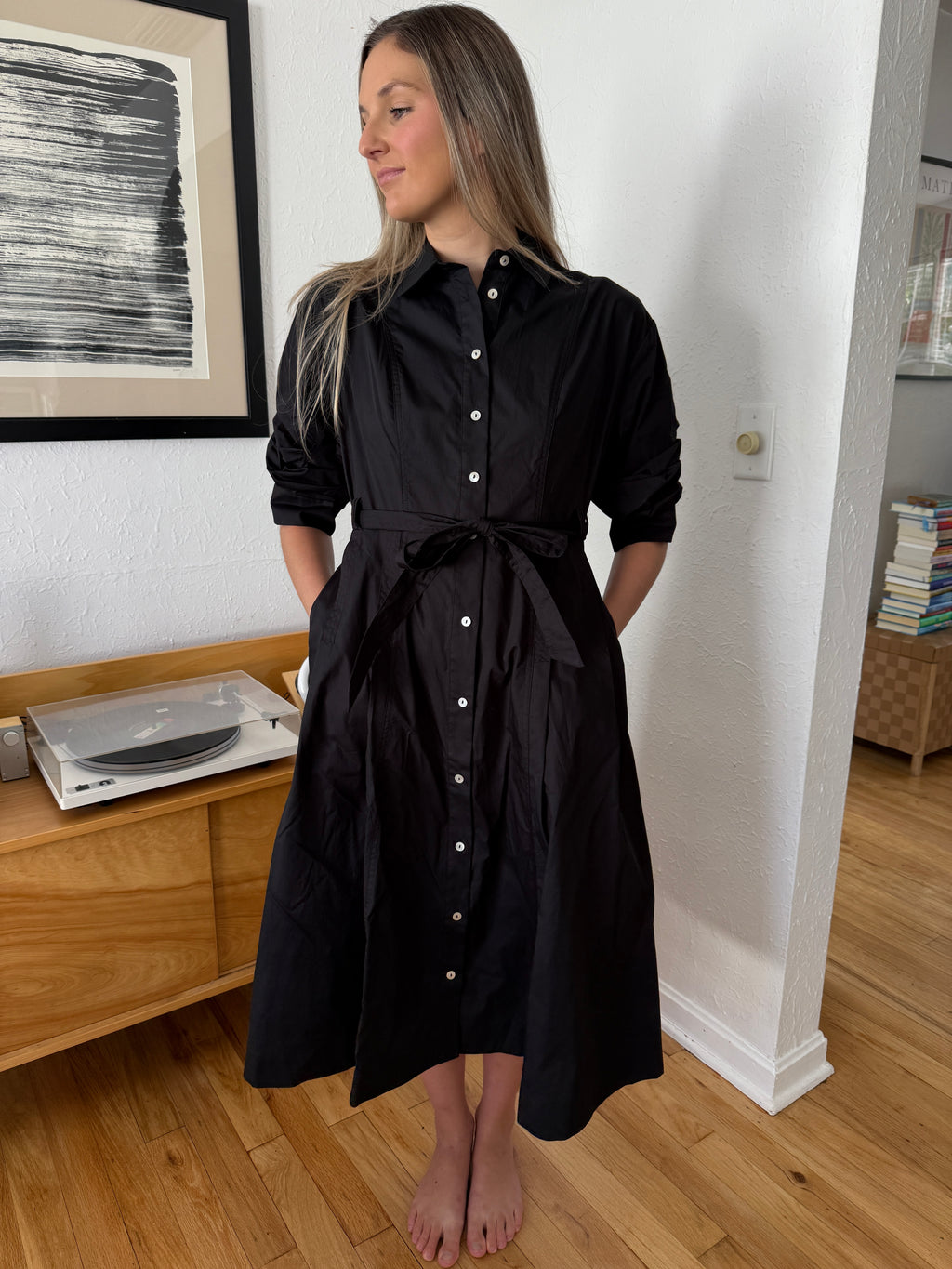 PINCH Lorraine Black Tucked Sleeve Buttoned Midi Dress