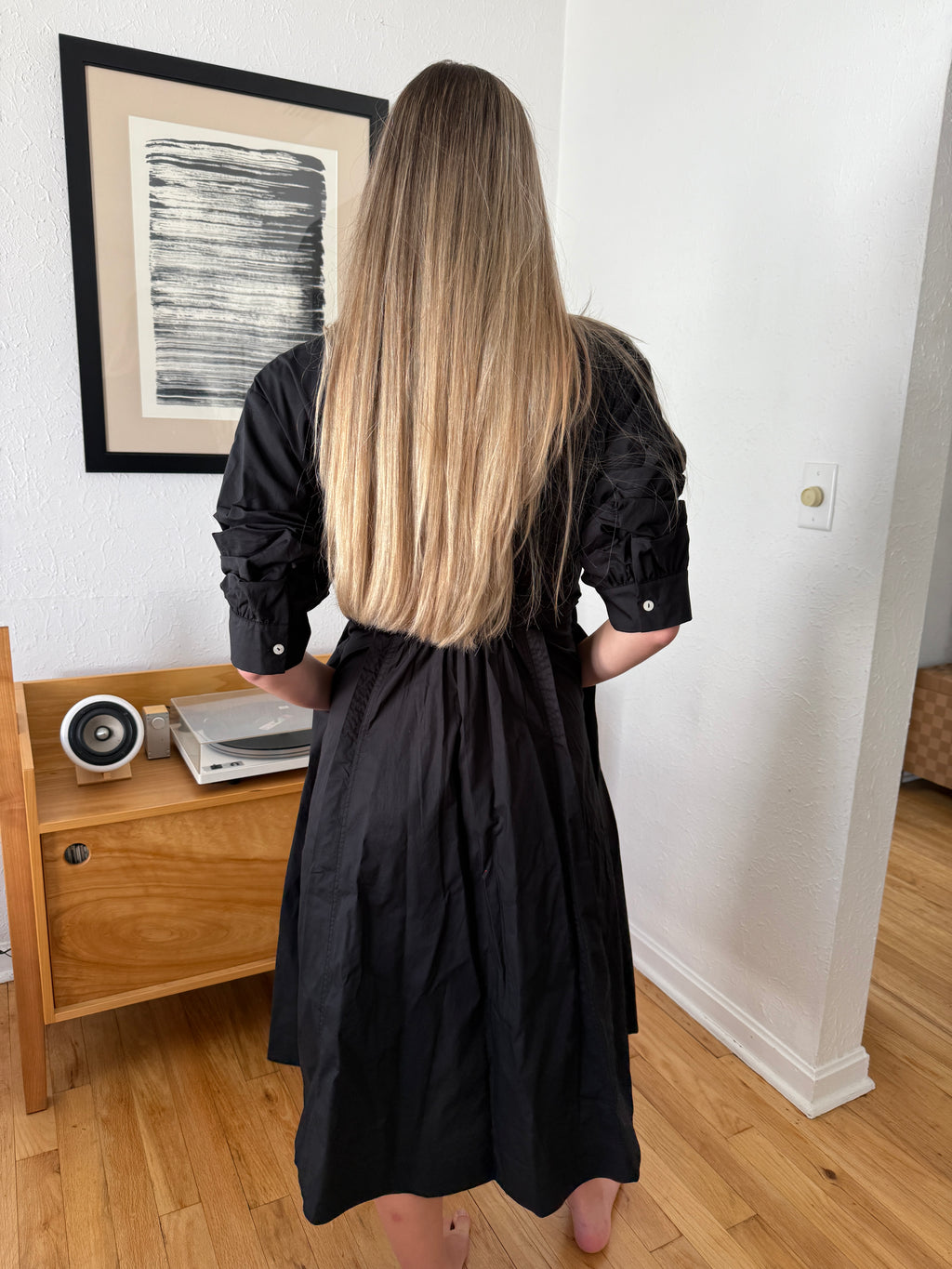 PINCH Lorraine Black Tucked Sleeve Buttoned Midi Dress