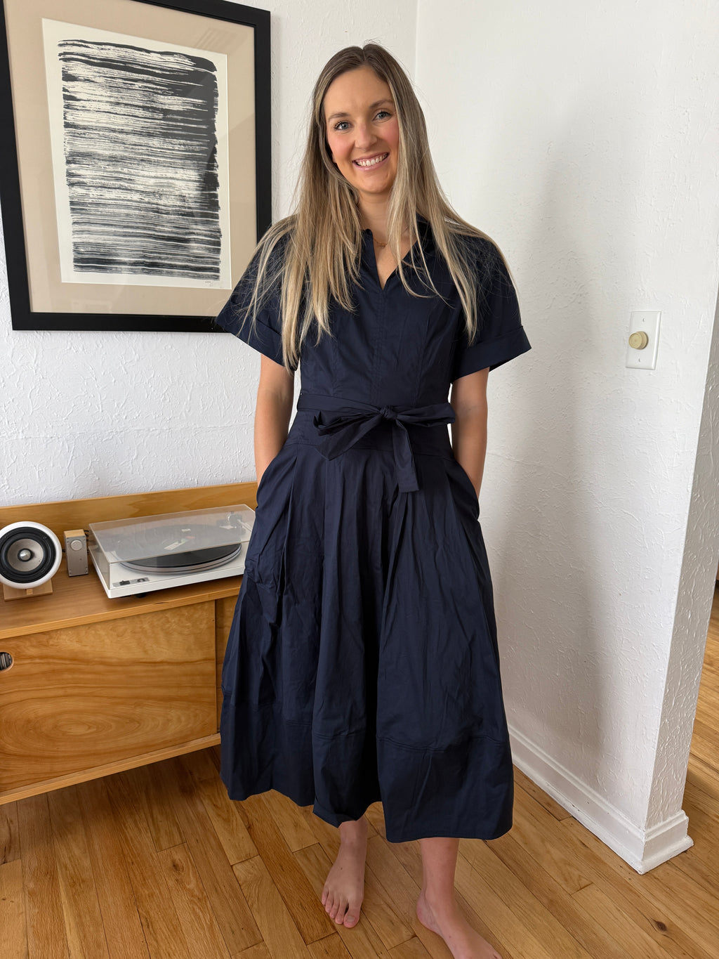 PINCH Lizbeth Cotton Drop Waist Belted Midi Dress (Navy)