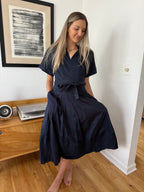 PINCH Lizbeth Cotton Drop Waist Belted Midi Dress (Navy)