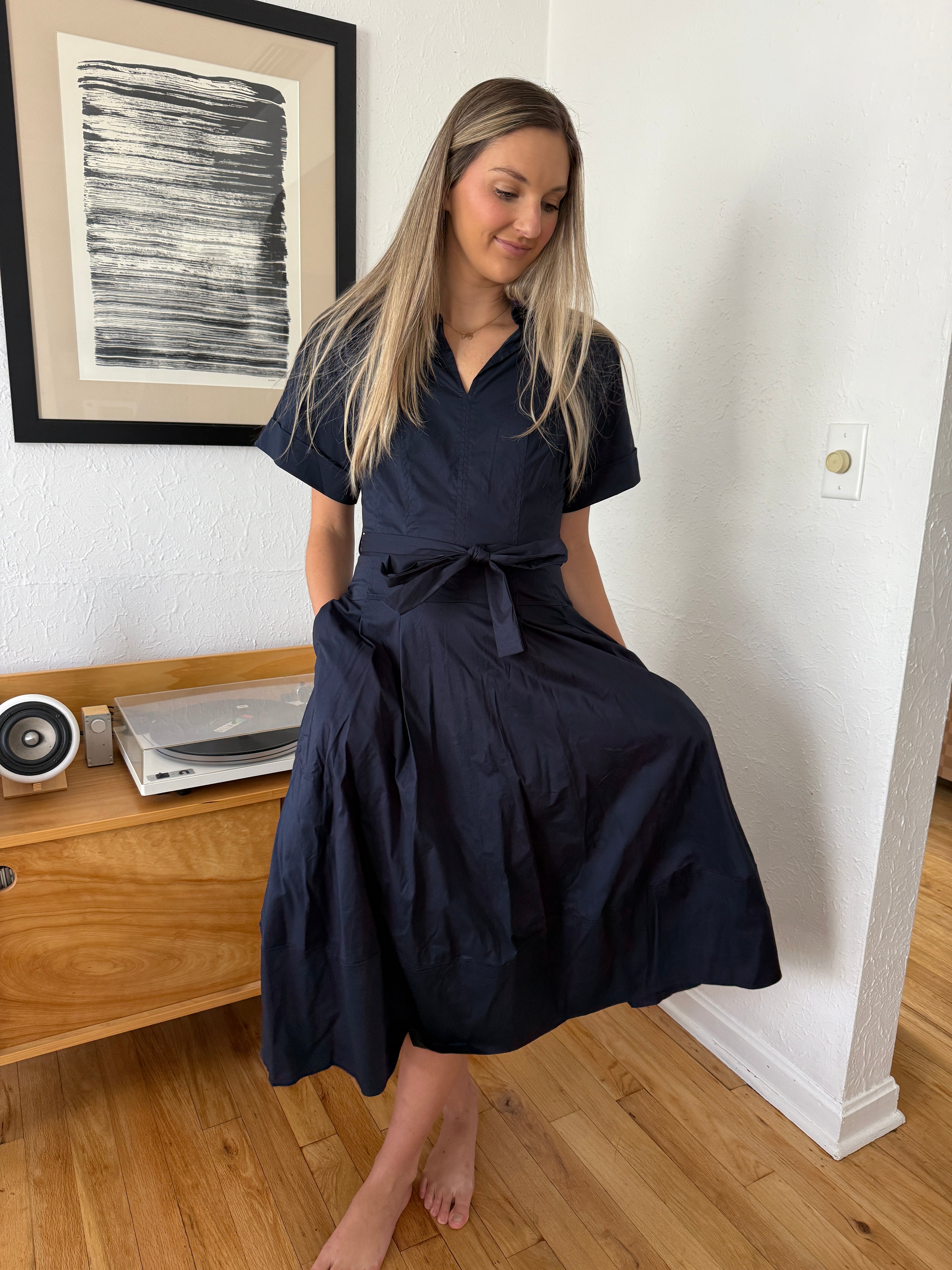 PINCH Lizbeth Cotton Drop Waist Belted Midi Dress (Navy)
