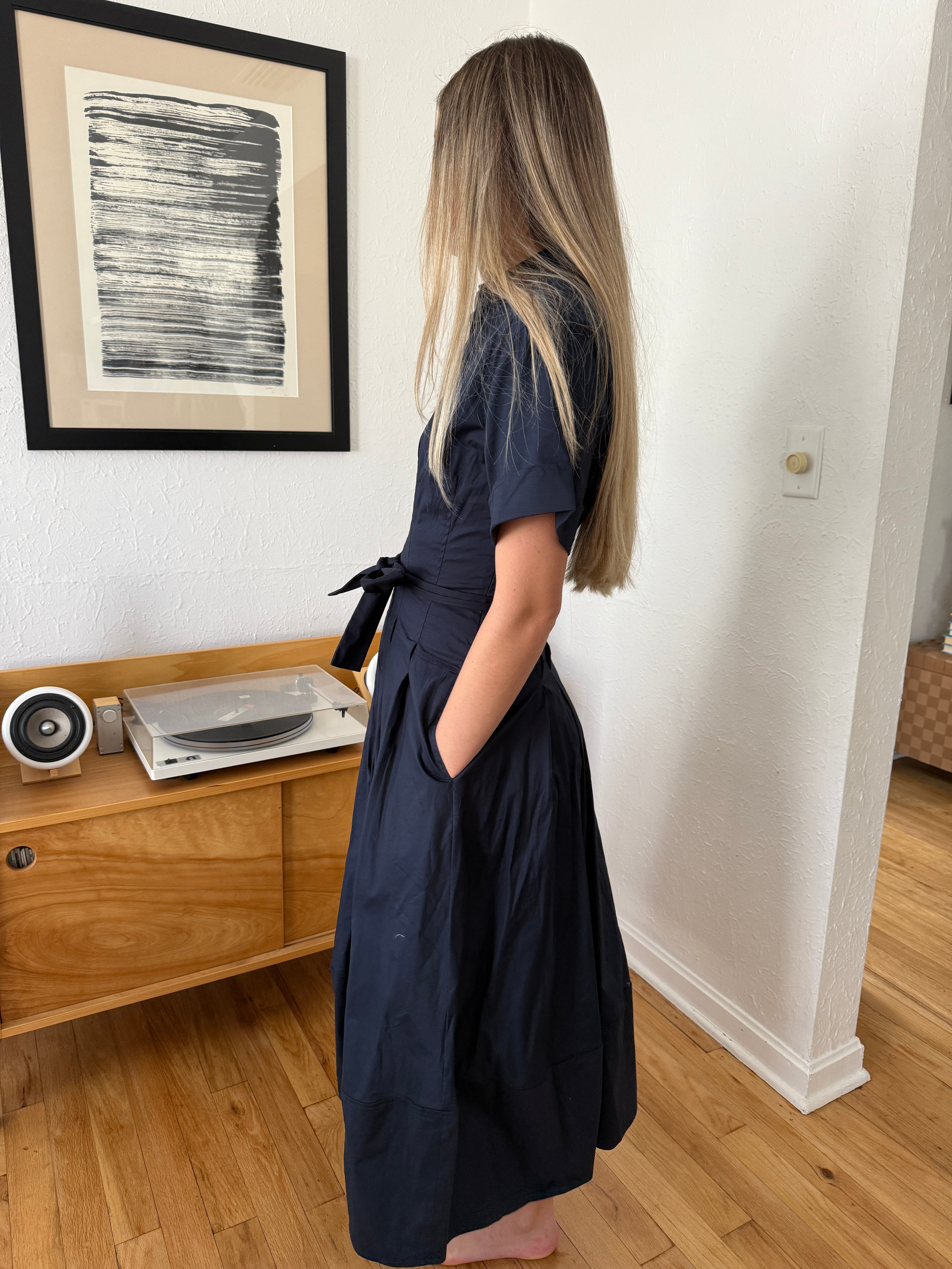 PINCH Lizbeth Cotton Drop Waist Belted Midi Dress (Navy)