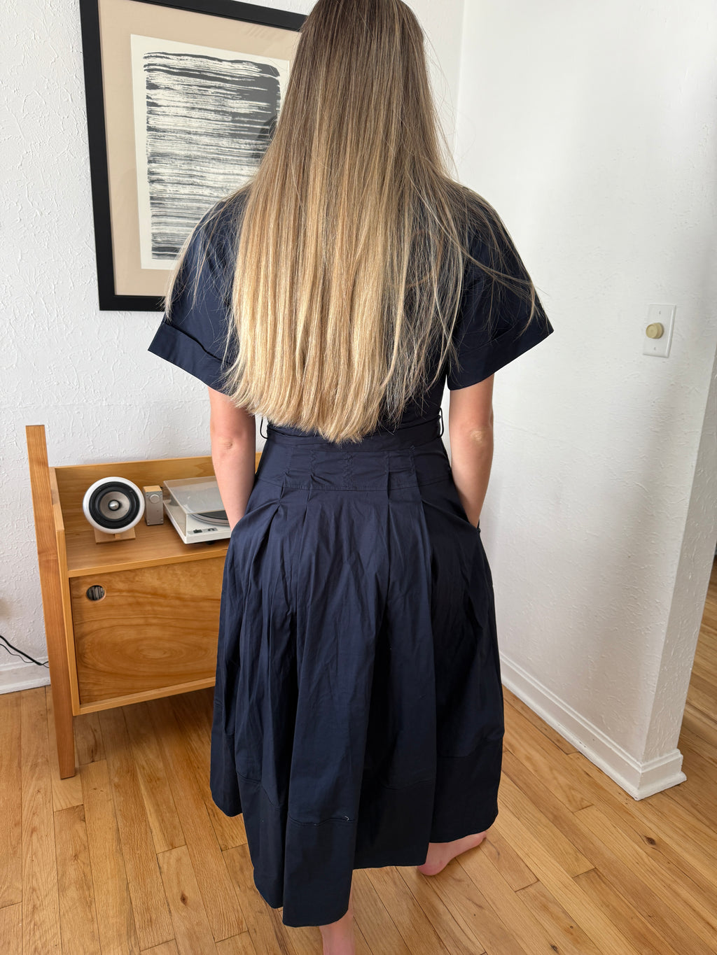 PINCH Lizbeth Cotton Drop Waist Belted Midi Dress (Navy)